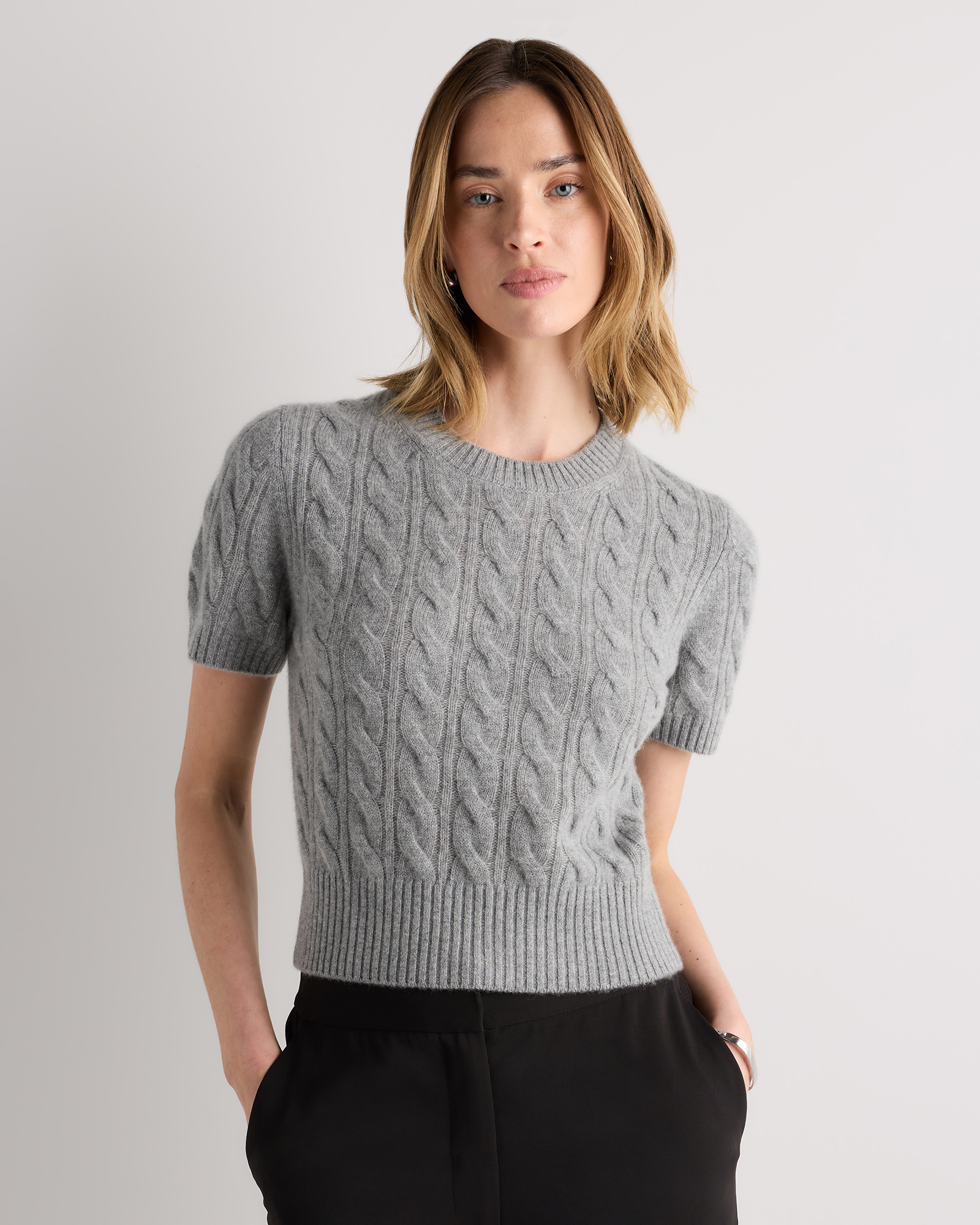 Heather Grey Mongolian Cashmere Shrunken Cable Tee