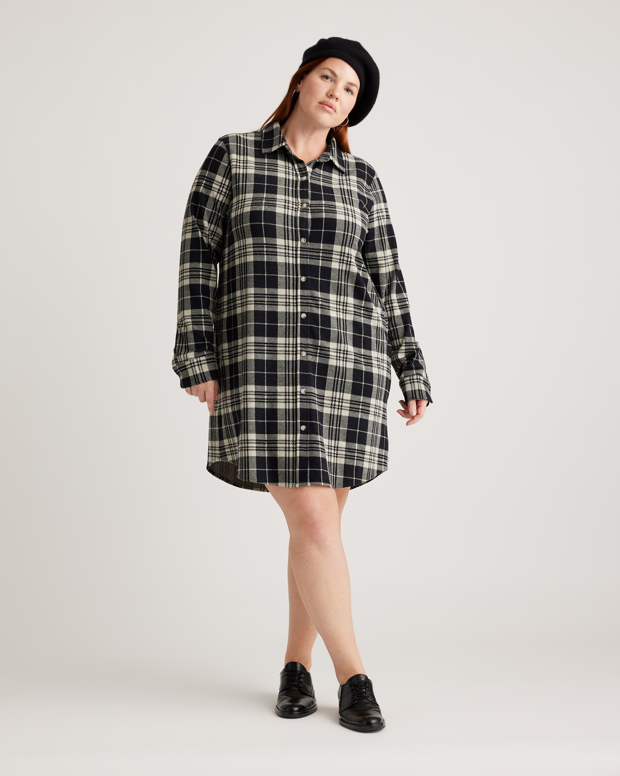 Stretch Sweater Fleece Shirt Dress in Black Check