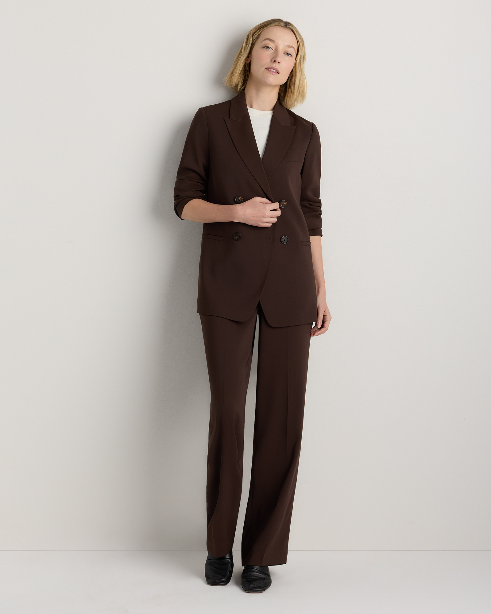 Stretch Crepe Relaxed Double-Breasted Blazer in Coffee Bean Brown
