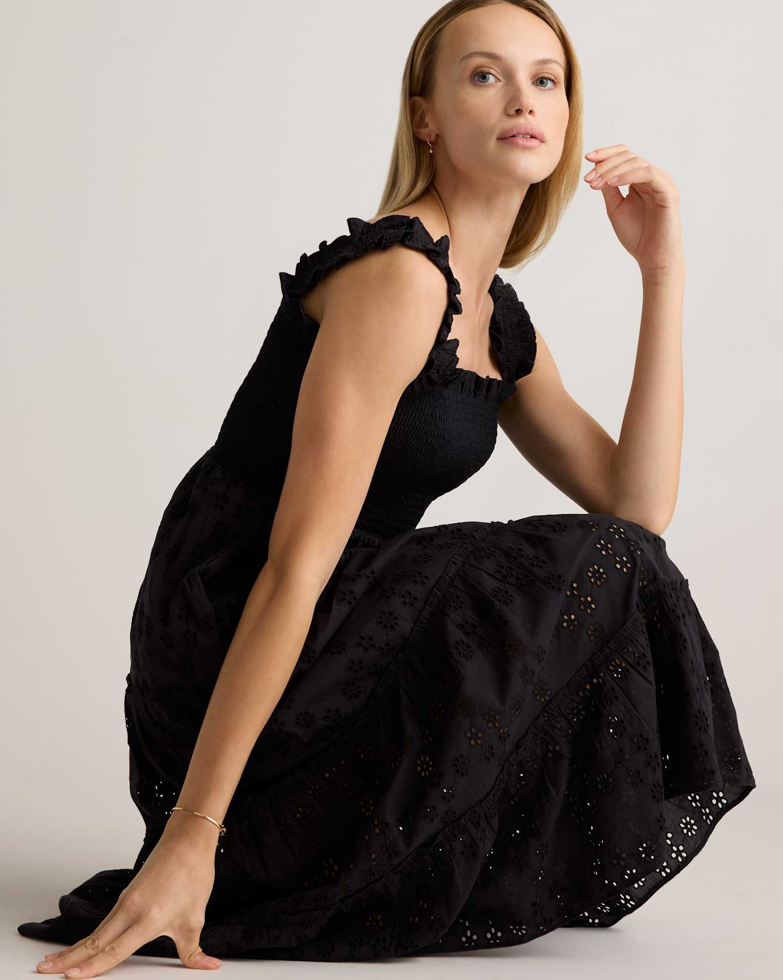 Quince Women's Eyelet Smocked Midi Dress, Small size, Black, 100% Organic Cotton with Embroidered Detail Quince Women's Eyelet Smocked Midi Dress, Small size, Black, 100% Organic Cotton with Embroidered Detail