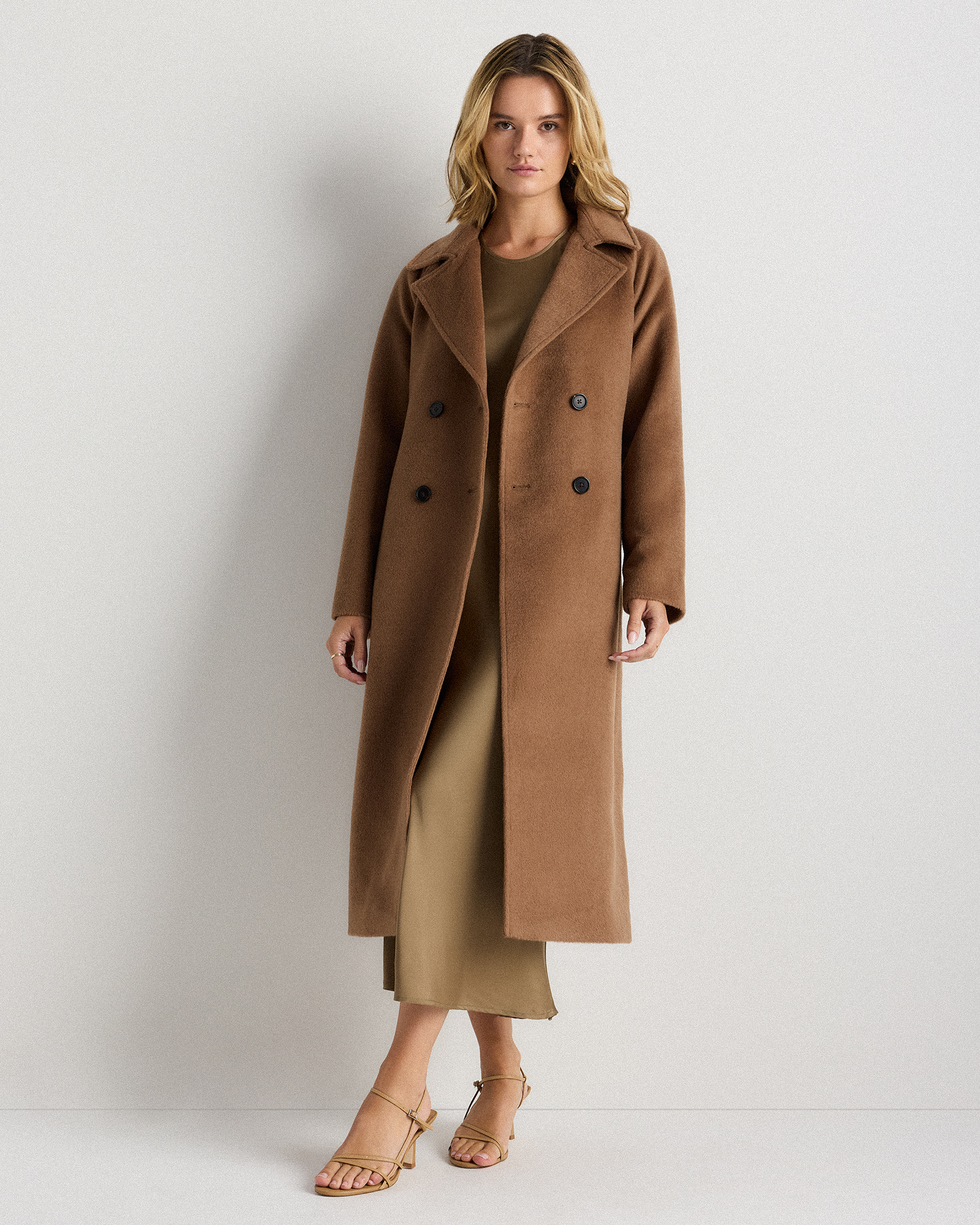 Camel Hair Double-Breasted Long Wrap Coat in Mocha Brown