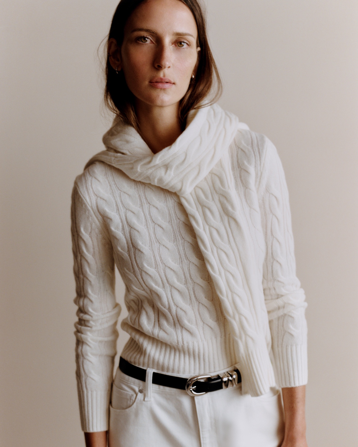 Mongolian Cashmere Shrunken Cable Crewneck Sweater