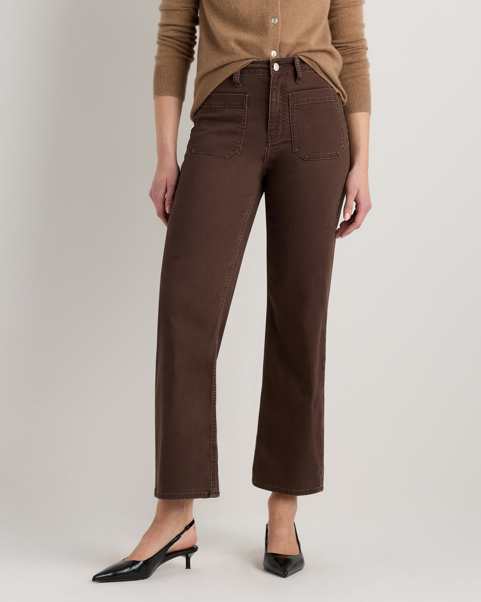 Coffee Bean Brown Bella Stretch Patch Pocket Wide Leg Jeans