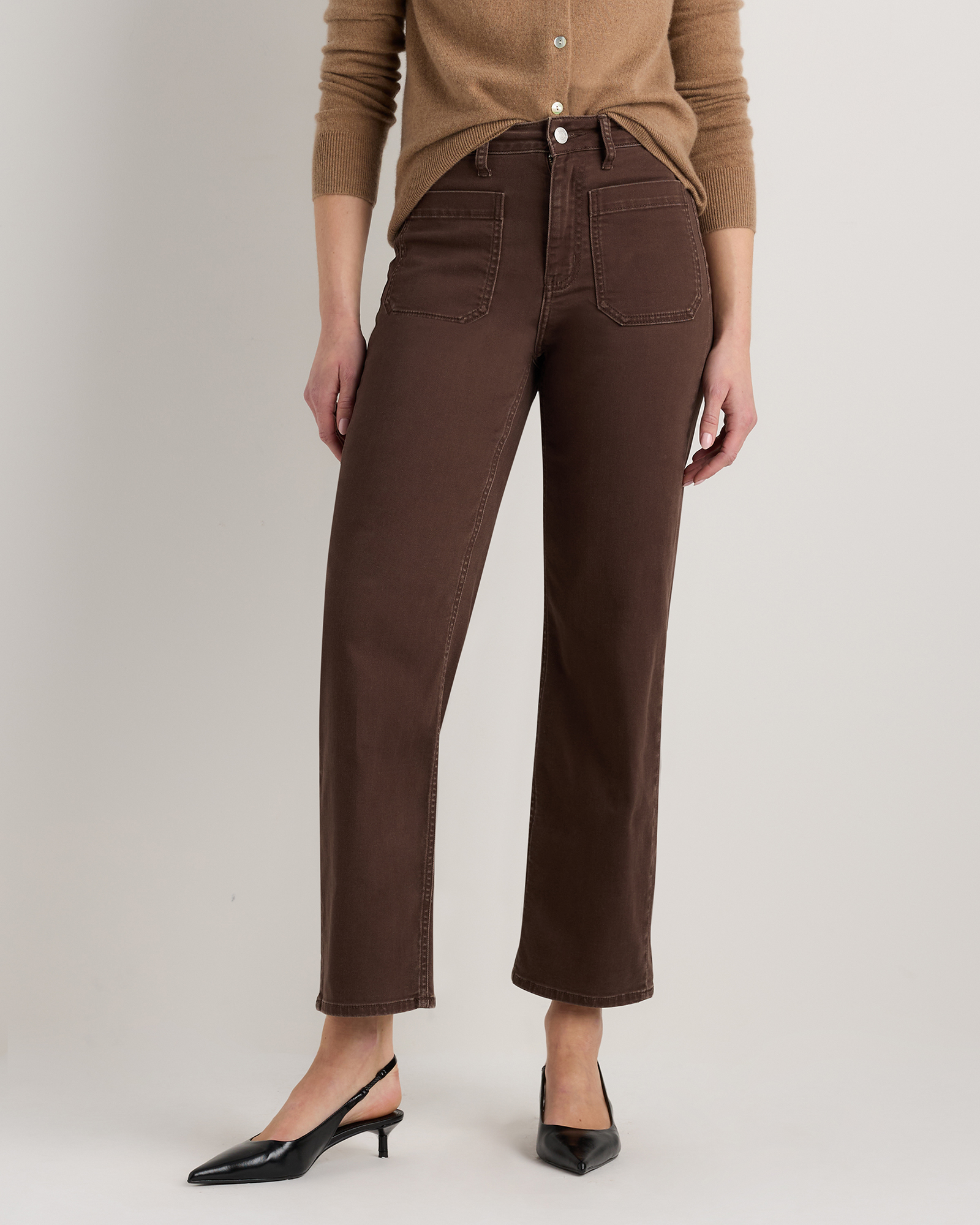 Coffee Bean Brown Jean Bella Stretch à jambes larges et à poches plaquées