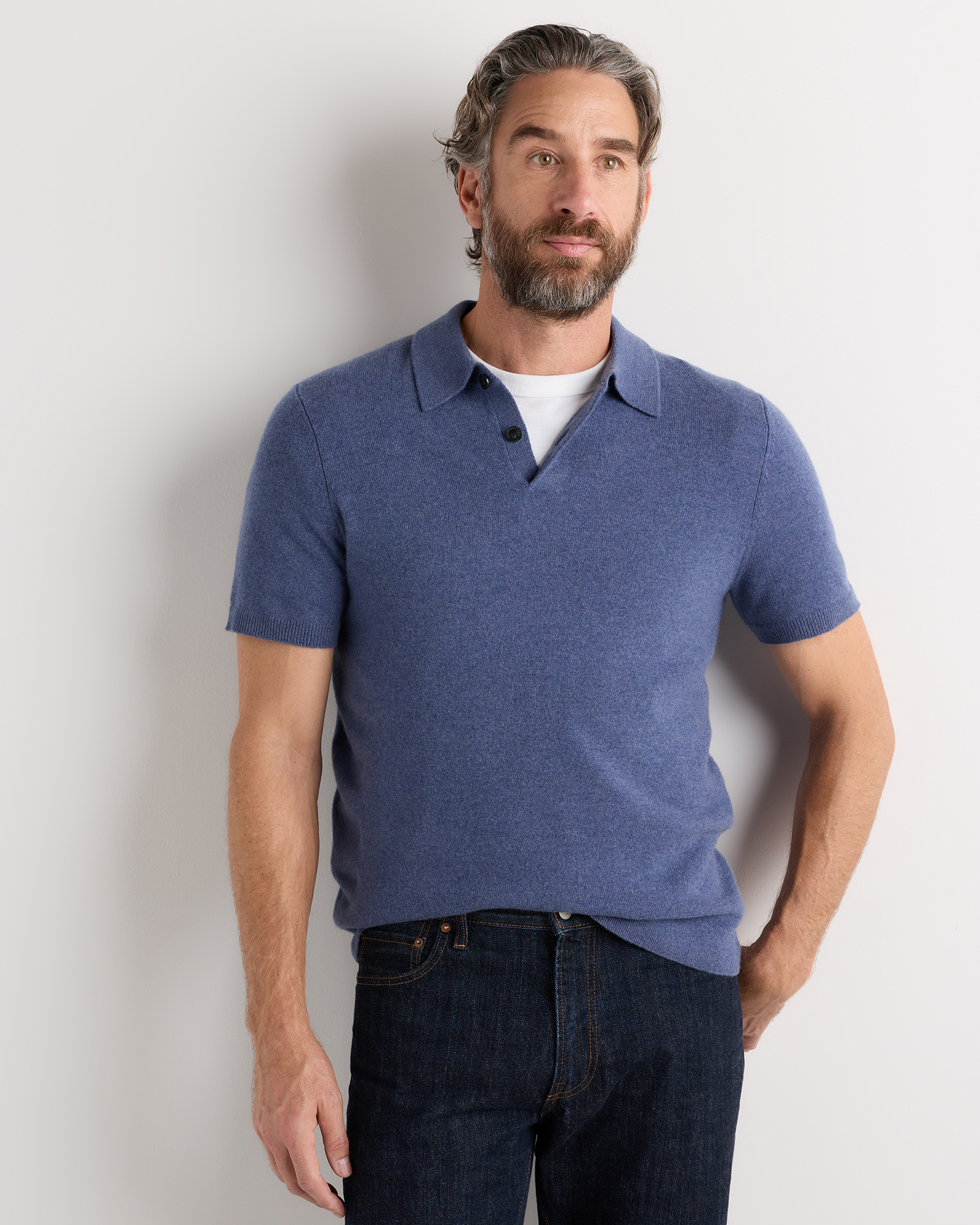 Heather Storm Blue 100% Mongolian Cashmere Short Sleeve Polo Sweater