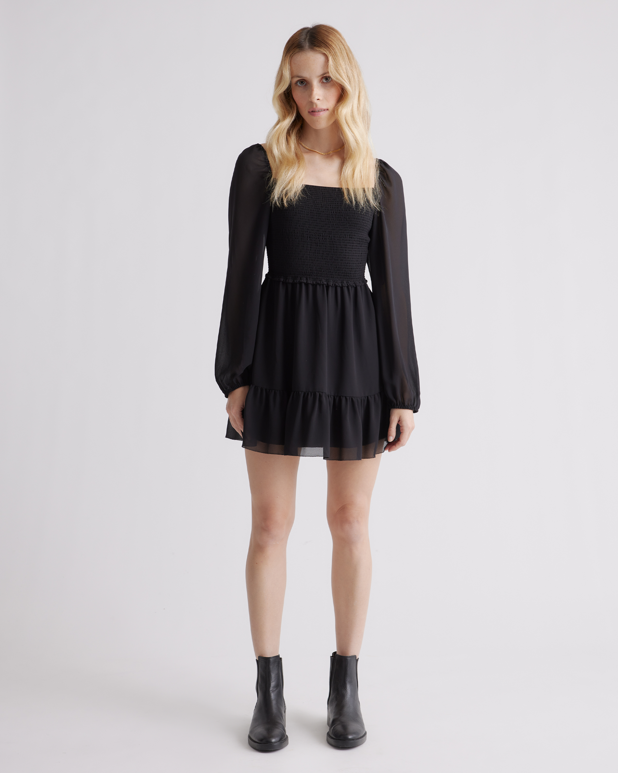 Chiffon Smocked Mini Dress in Black