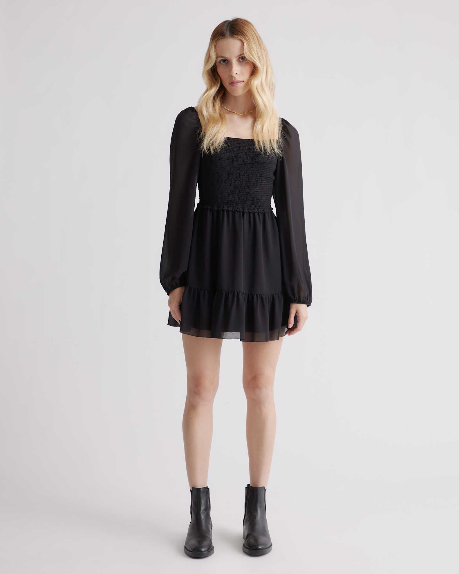 Chiffon Smocked Mini Dress in Black Chiffon Smocked Mini Dress in Black