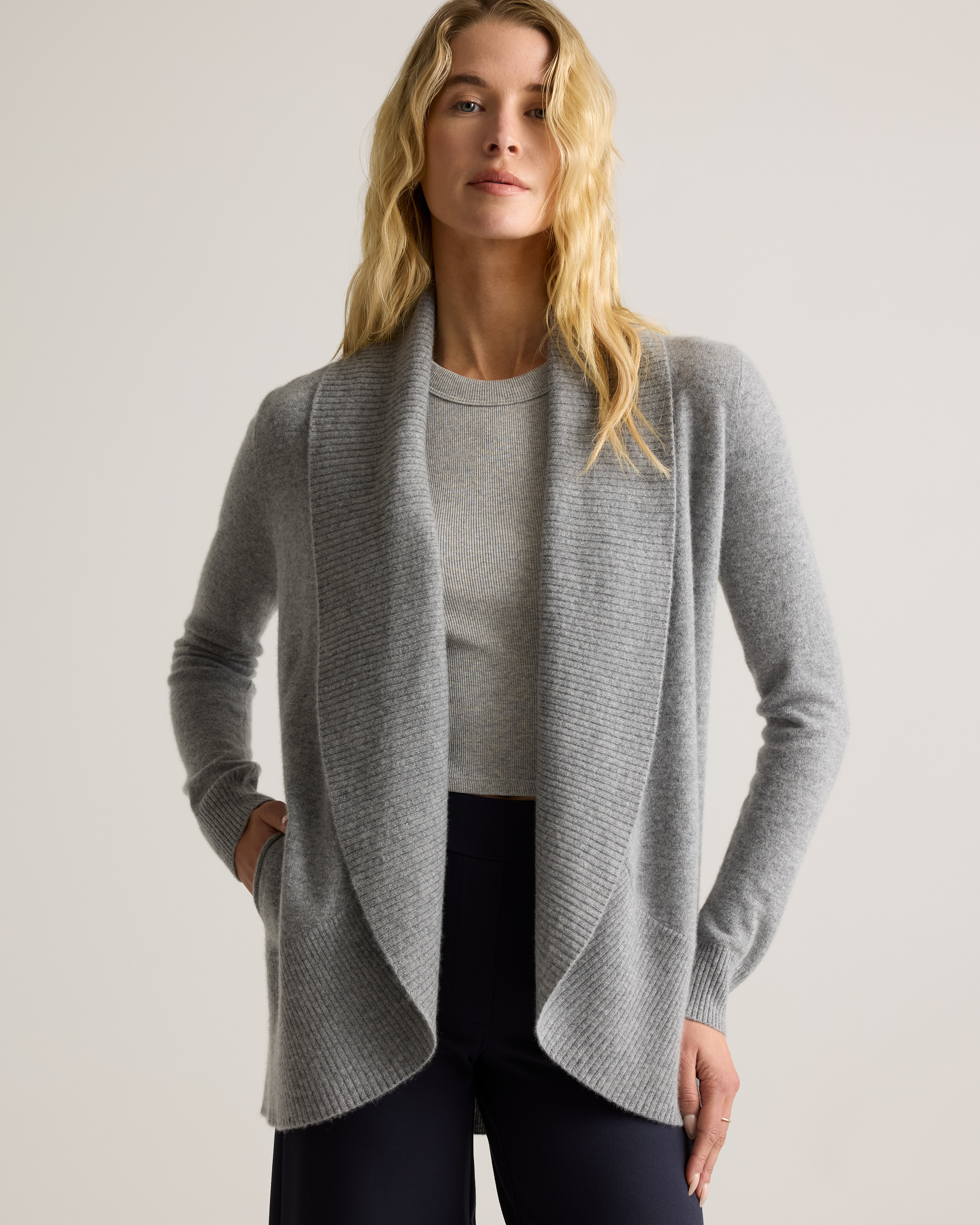 Mongolian Cashmere Open Cardigan Sweater in Heather Grey