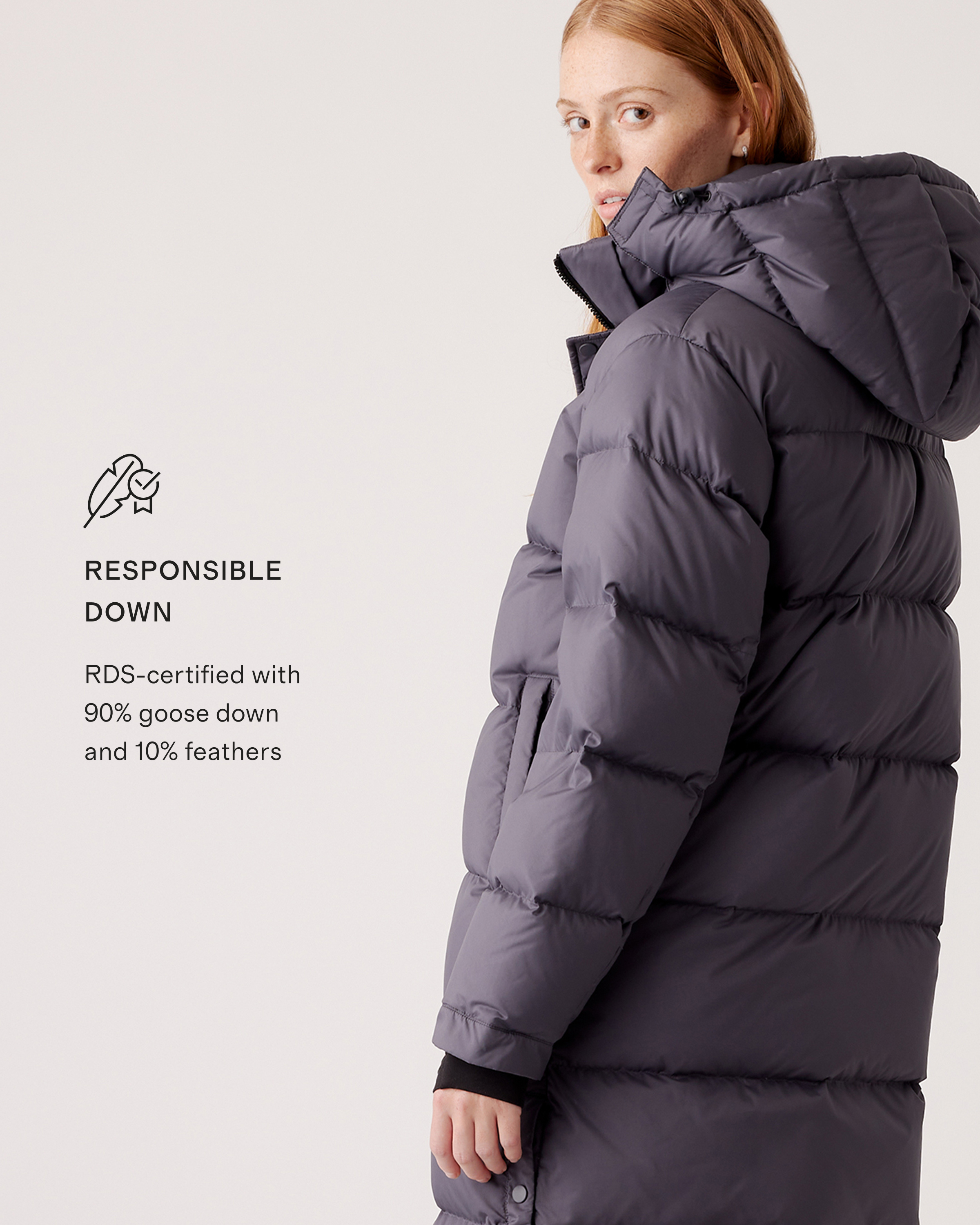 Responsible Down Long Puffer Jacket in Carbon Grey