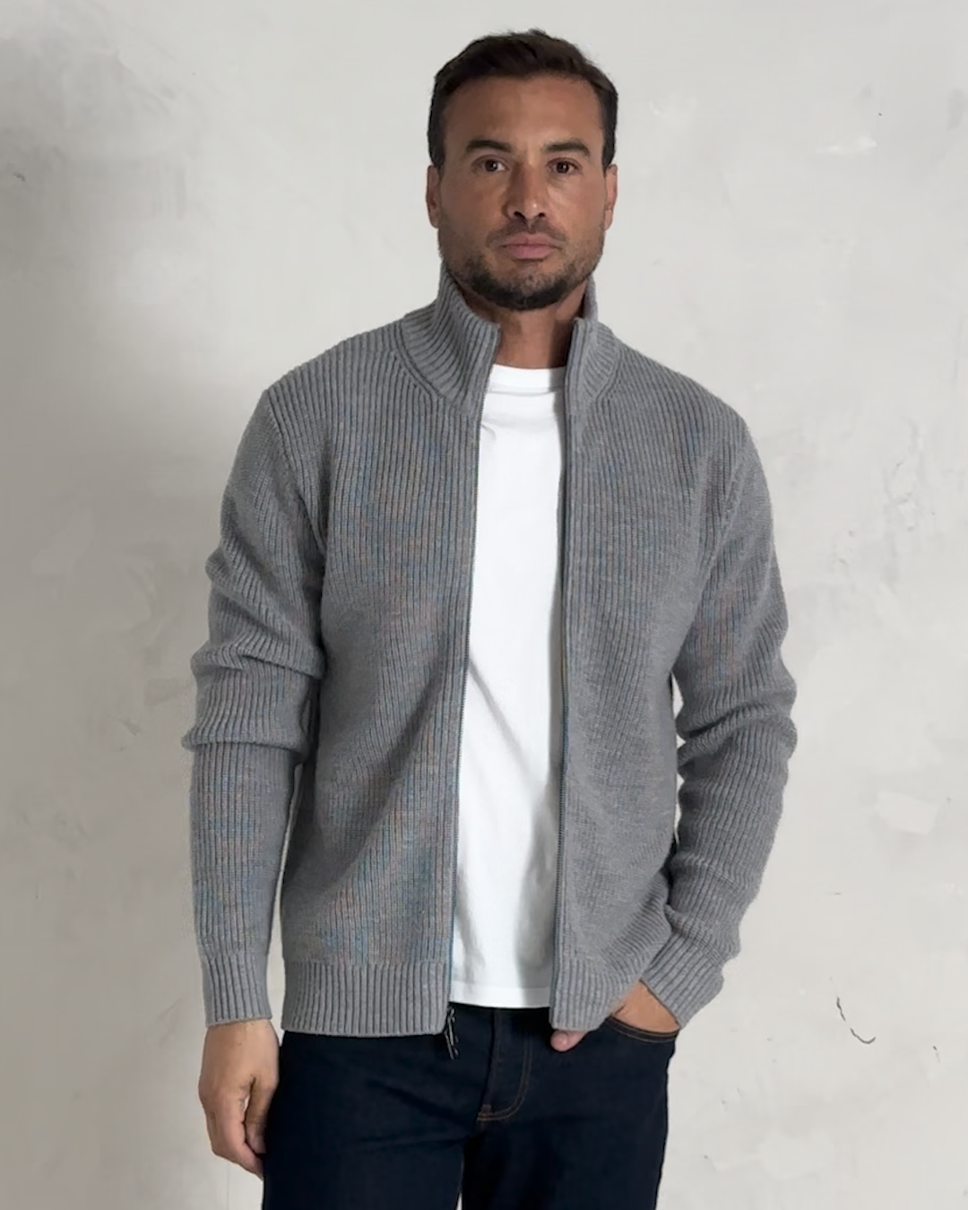 Australian Merino Wool Full Zip Sweater Heather Grey IH 4x5 Thumbnail.