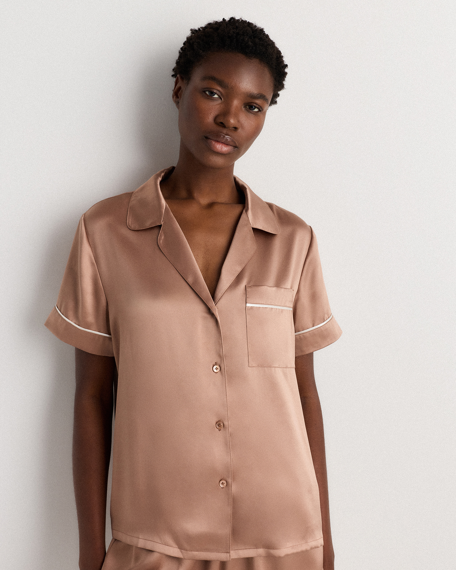 100% Washable Silk Satin Short Sleeve Pajama Top in Toasted Almond