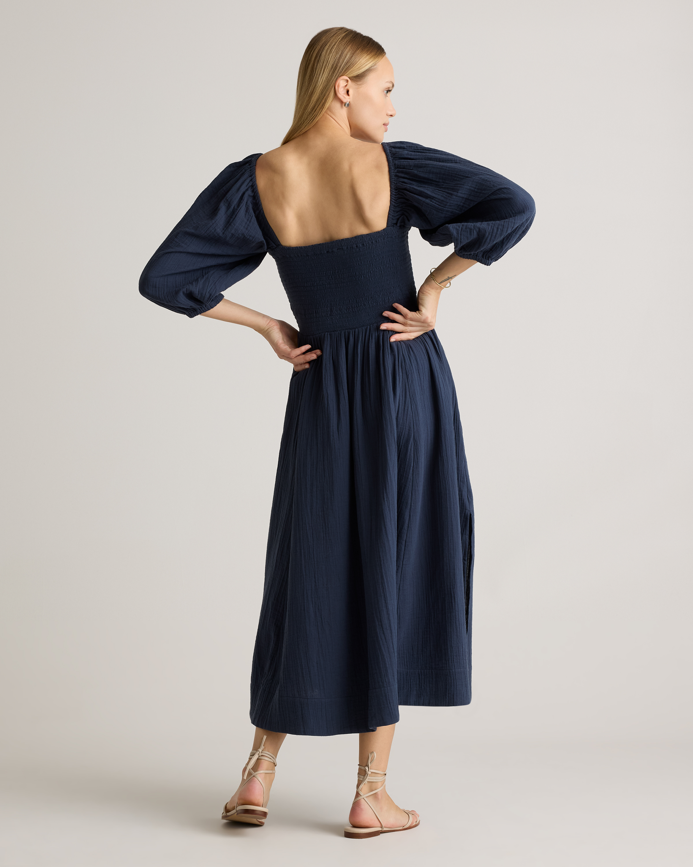 sachin and babi light blue dress Women's Gauze Smocked Square Neck Midi Dress in Indigo Blue, Size XL, Organic Cotton by Quince