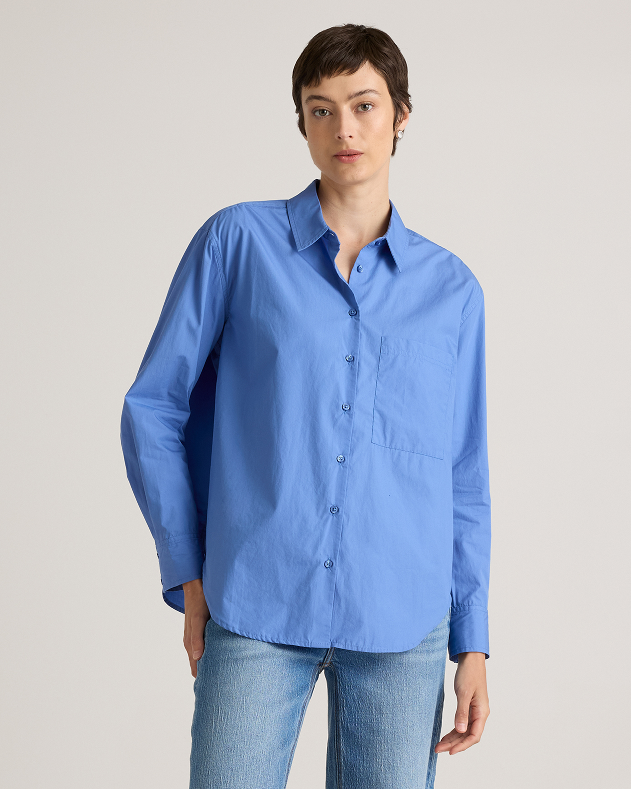 True Blue 100% Organic Cotton Poplin Long Sleeve Boyfriend Shirt