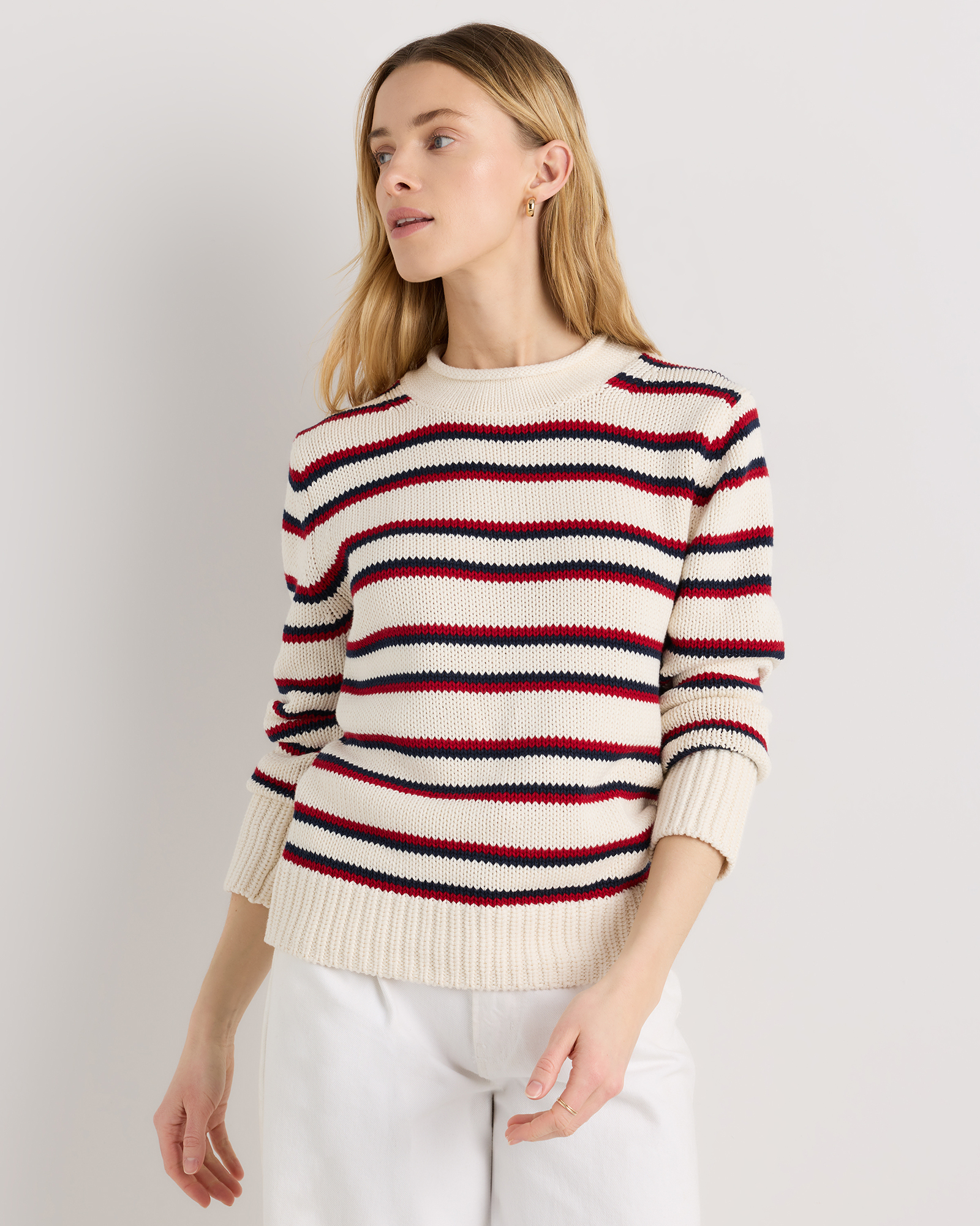 Off White/Navy/Red Variegated Stripe 100% Organic Cotton Roll Neck Sweater