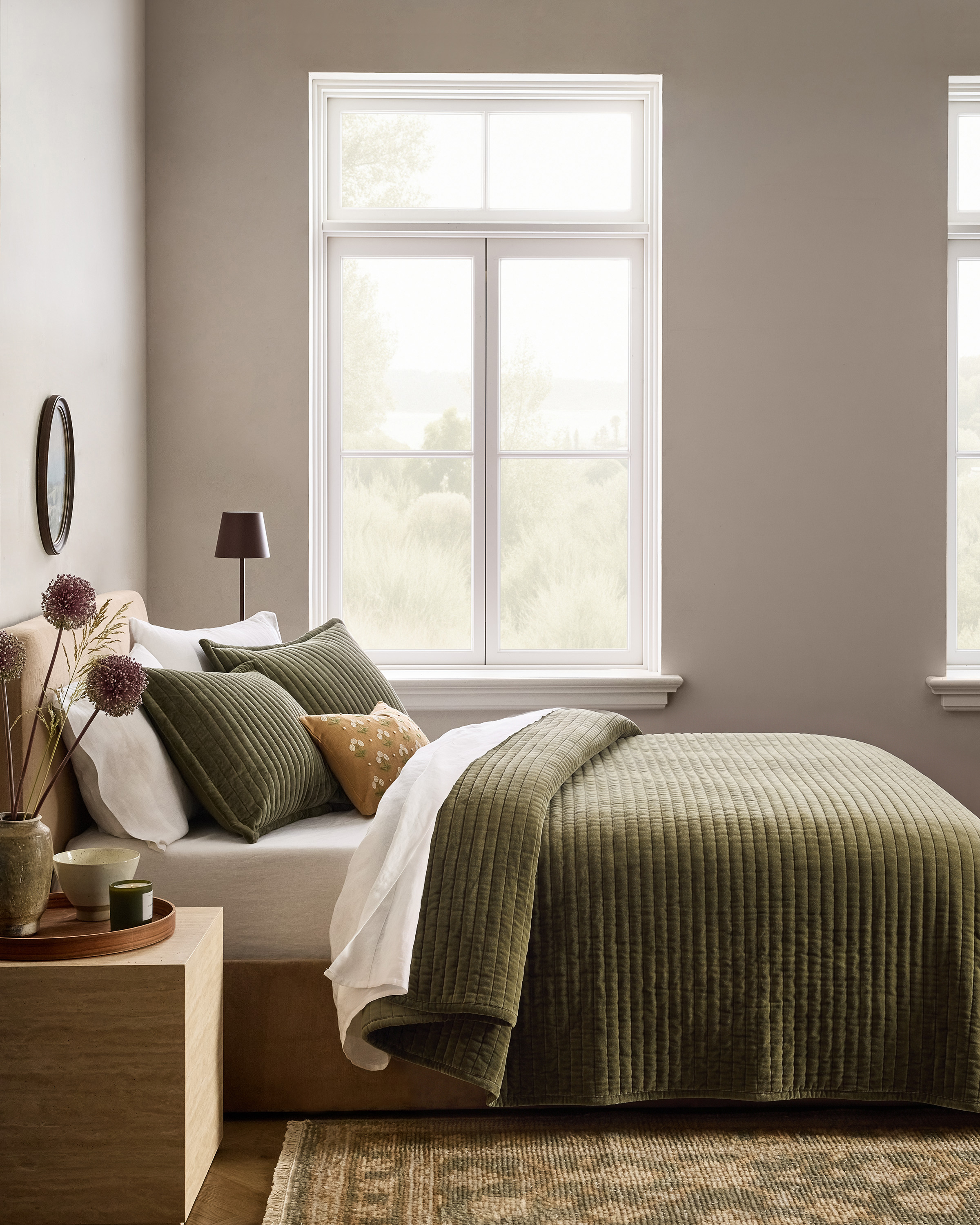 Moss Cotton Velvet Horizontal Channel Quilt Set