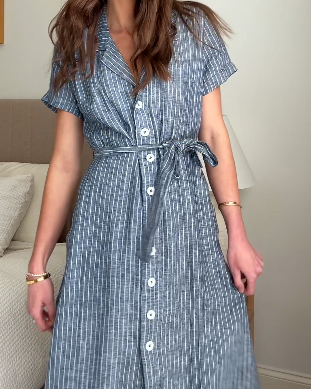 100% European Linen Button Front Dress - PDP Video Thumbnail (Chambray Stripe, 4x5)