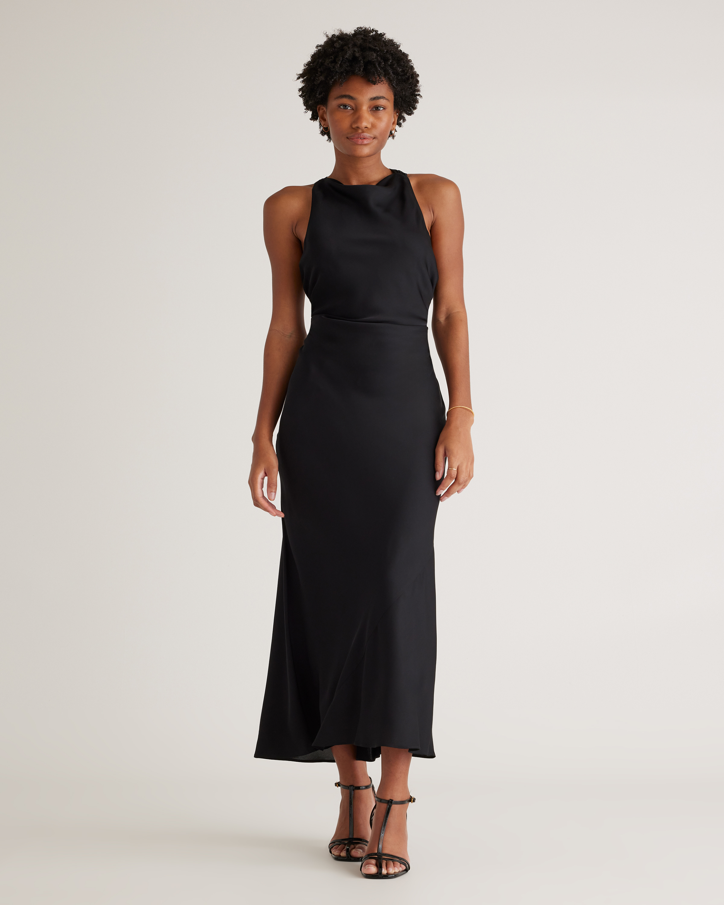 Black Washable Stretch Silk High Neck Midi Dress