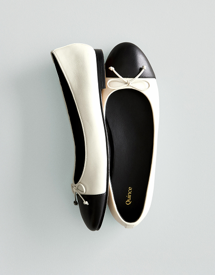 Bone/Black Italian Leather Cap-Toe Ballet Flat