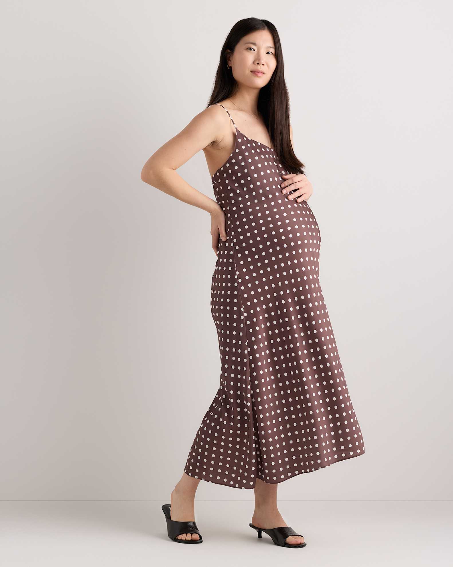 Washable Stretch Silk Maternity Slip Dress in Mocha Midi Dot Washable Stretch Silk Maternity Slip Dress in Mocha Midi Dot