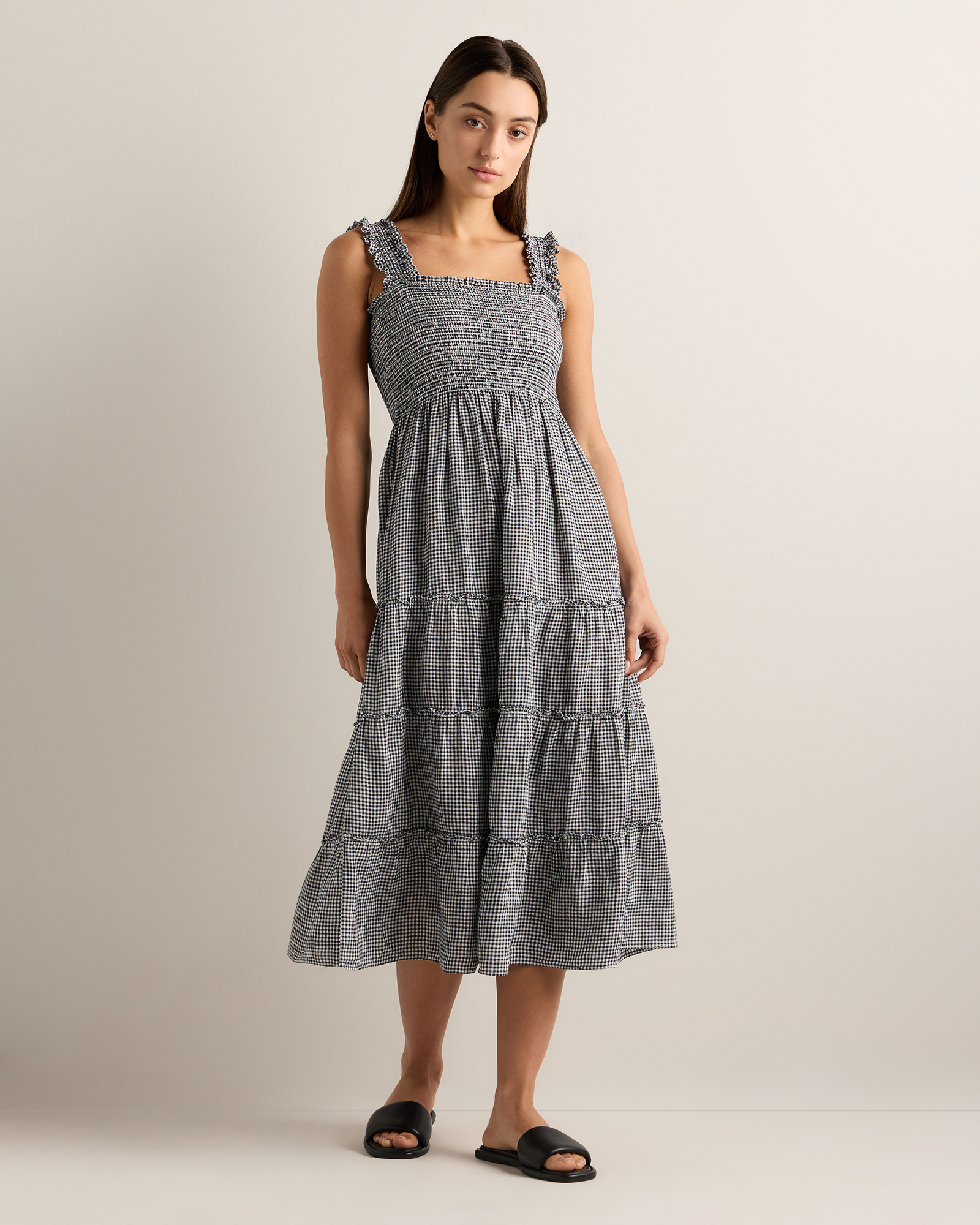 Classic Mini Gingham 100% European Linen Smocked Midi Dress