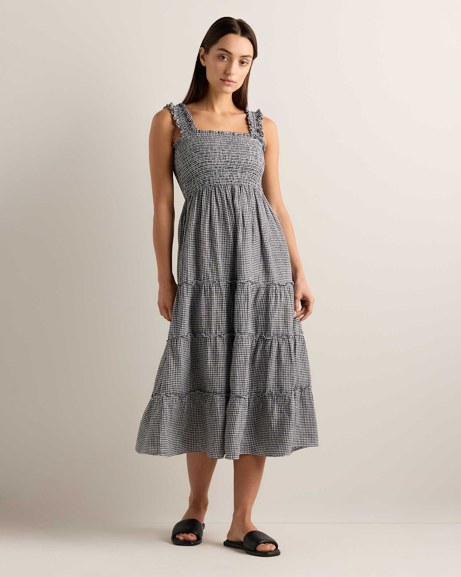 fit & flare lightweight smocked gingham midi dress 100% European Linen Fit & Flare Midi Dress in Red Classic Mini Gingham