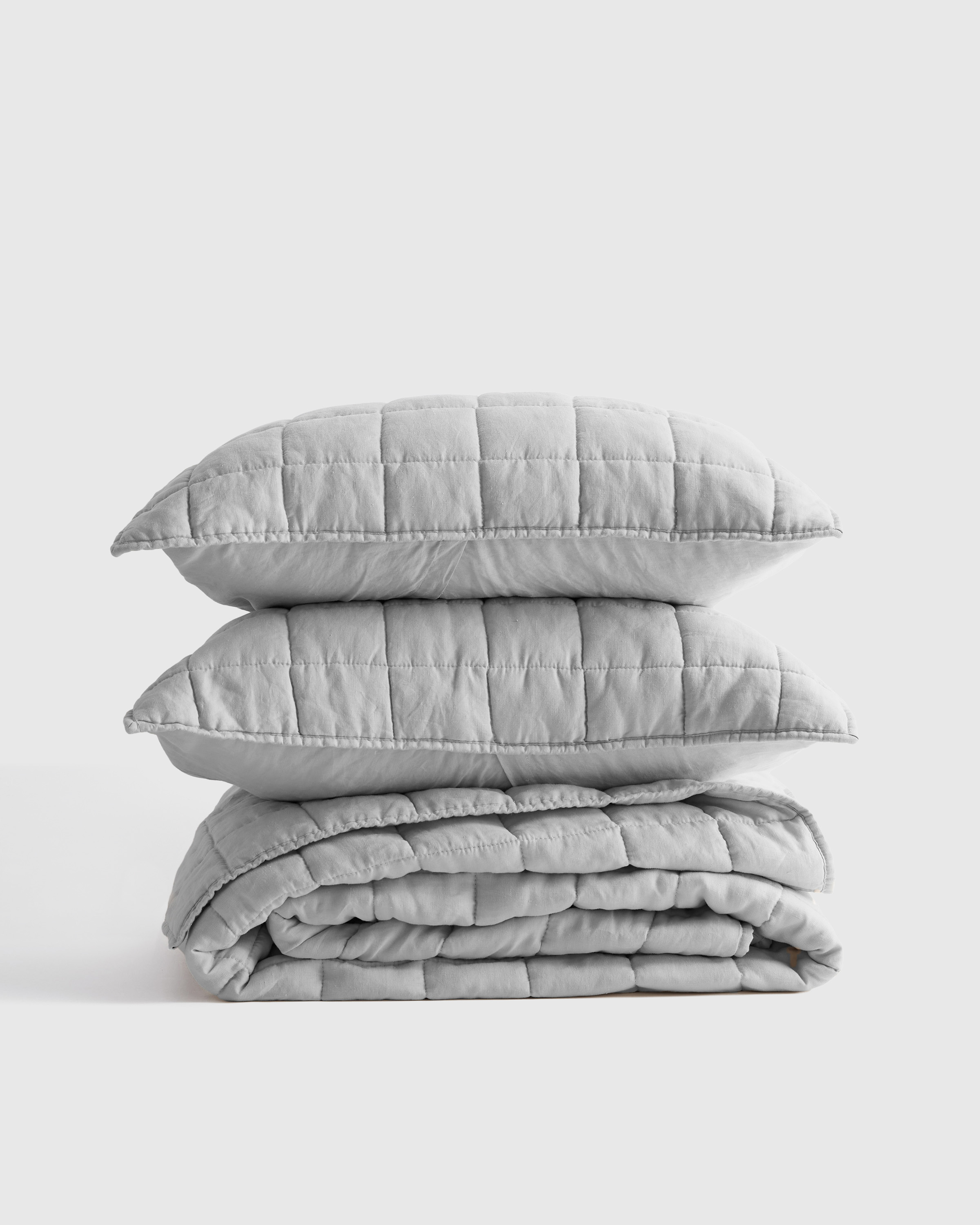 European Linen Box Quilt Set, Light Grey, Full/Queen