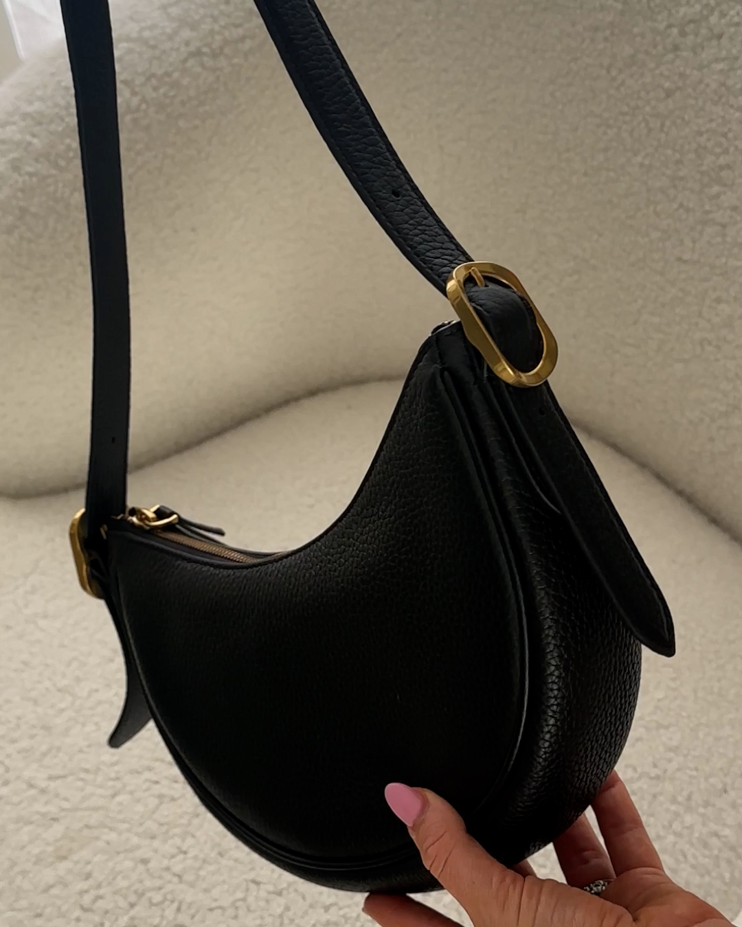 Italian Leather Mini Crescent Shoulder Bag - PDP Video Thumbnail (Black, 4x5)