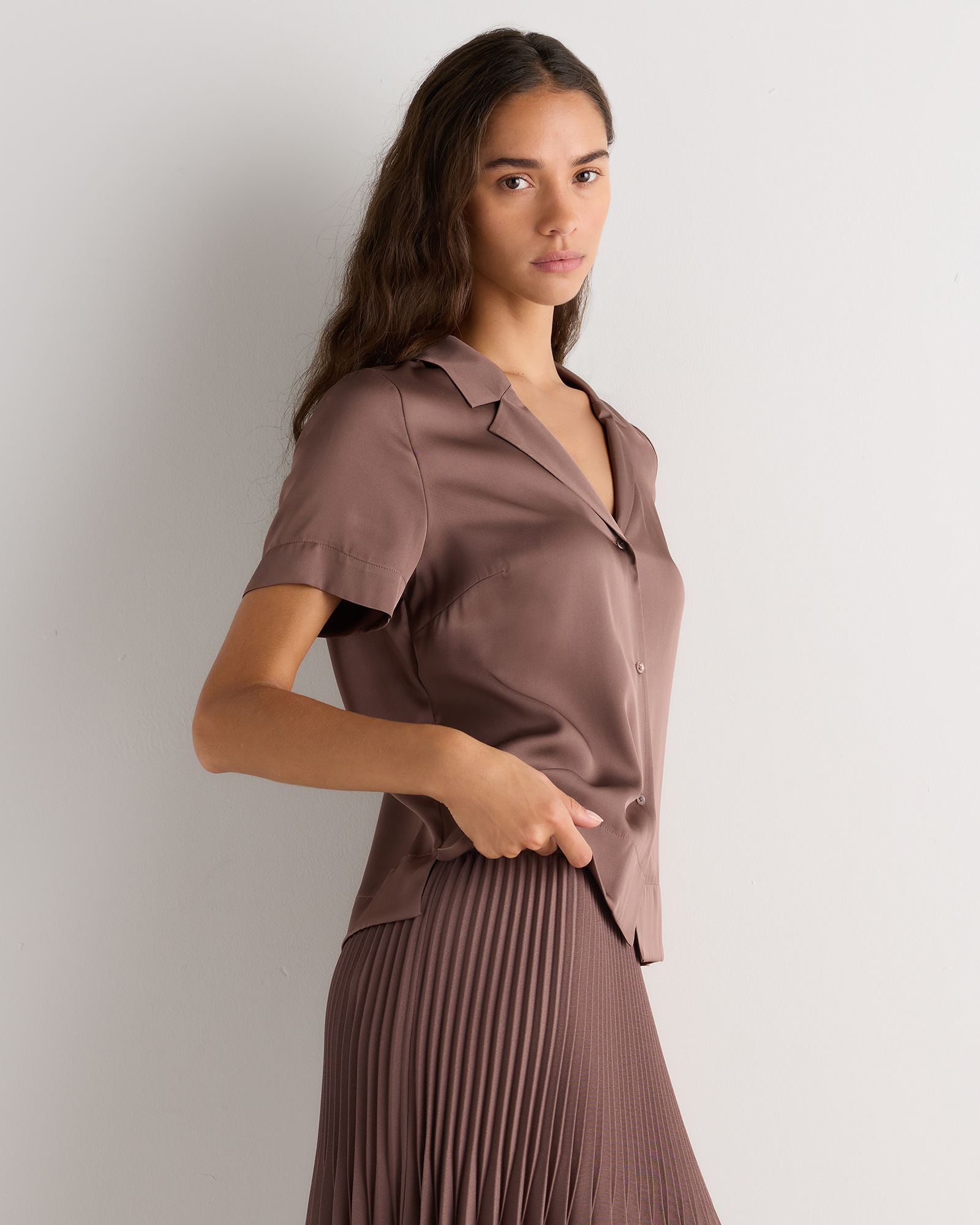 Washable Stretch Silk Short Sleeve Notch Collar Blouse in Mink Taupe