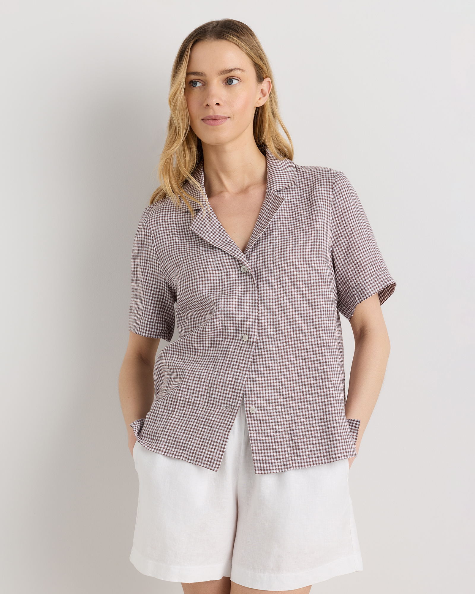 Taupe Brown Gingham 100% European Linen Short Sleeve Shirt