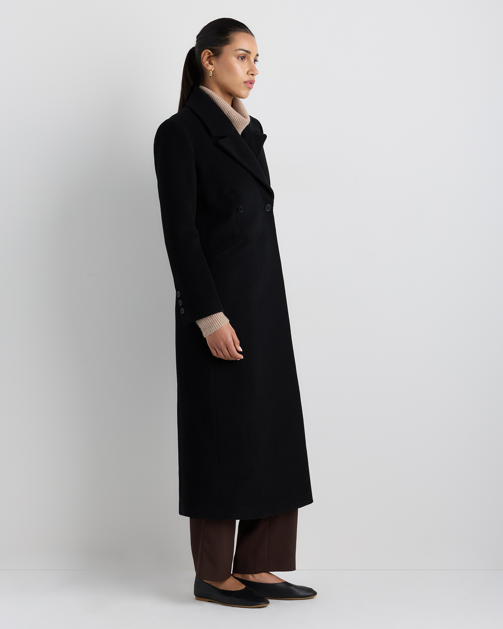 Wool Cashmere Tailored Long Coat in Black