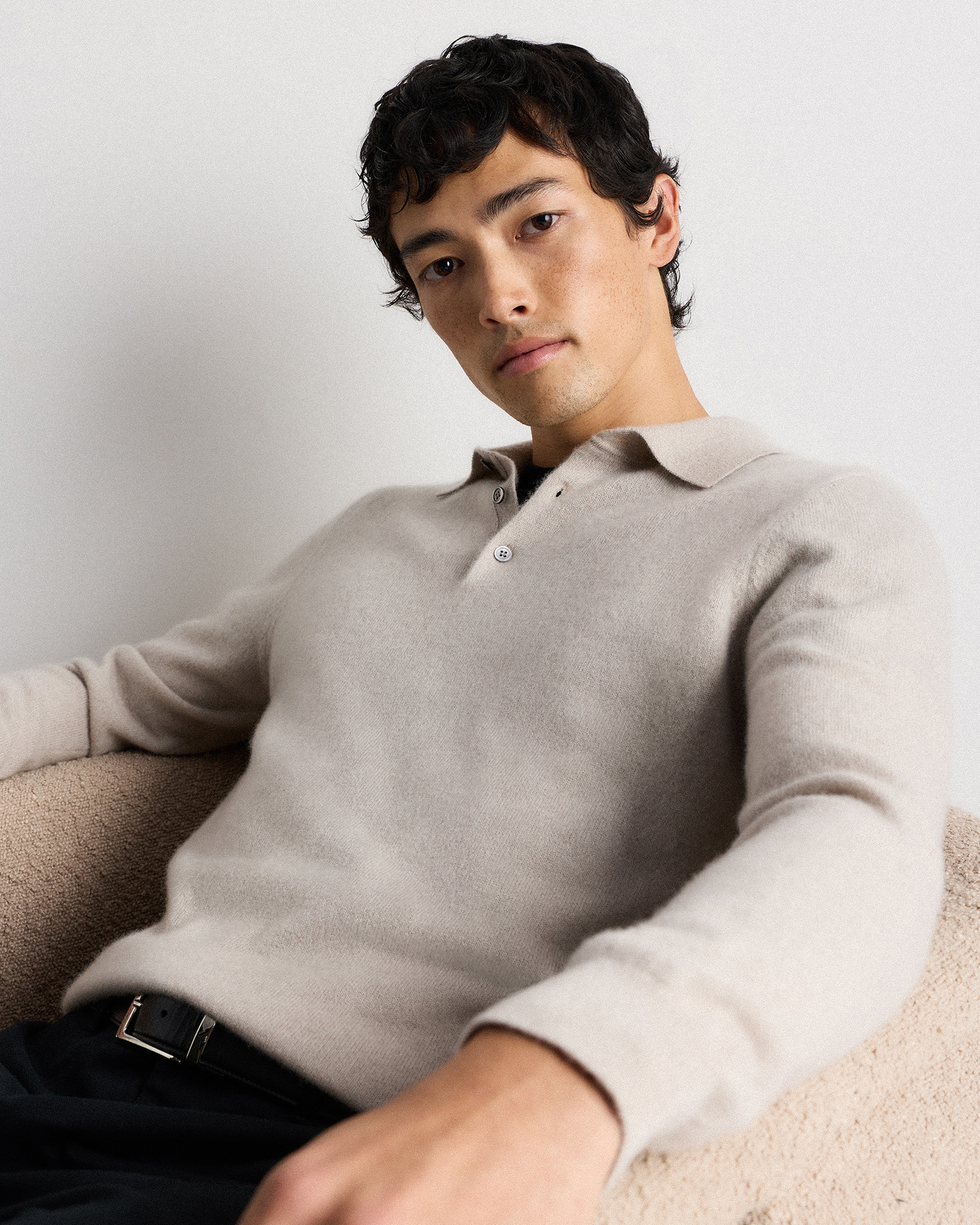 Mongolian Cashmere Polo Sweater in Heather Cloud Beige