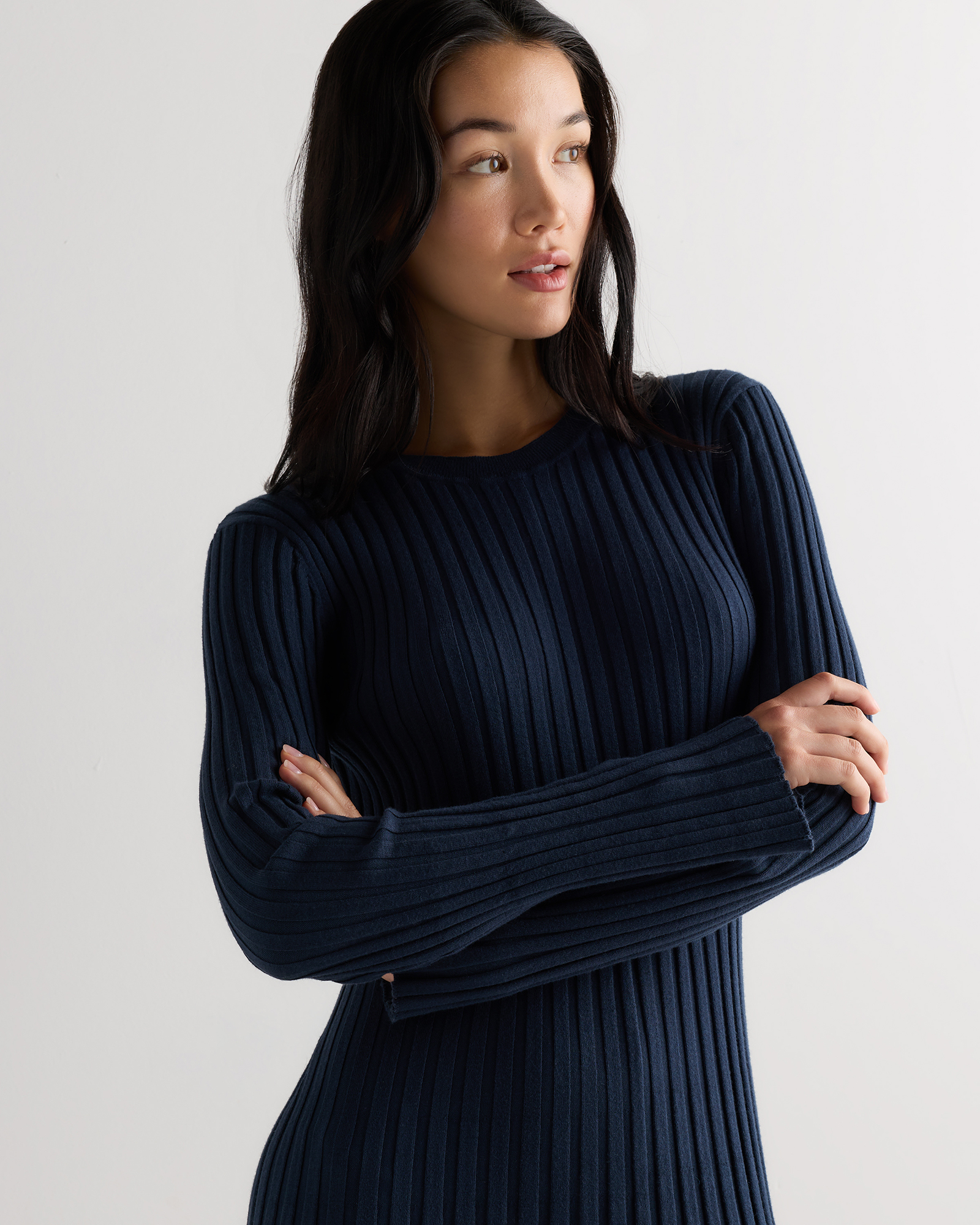 atlas knit midi dress Cotton Cashmere Ribbed Long Sleeve Crew in Navy handwoven hemp