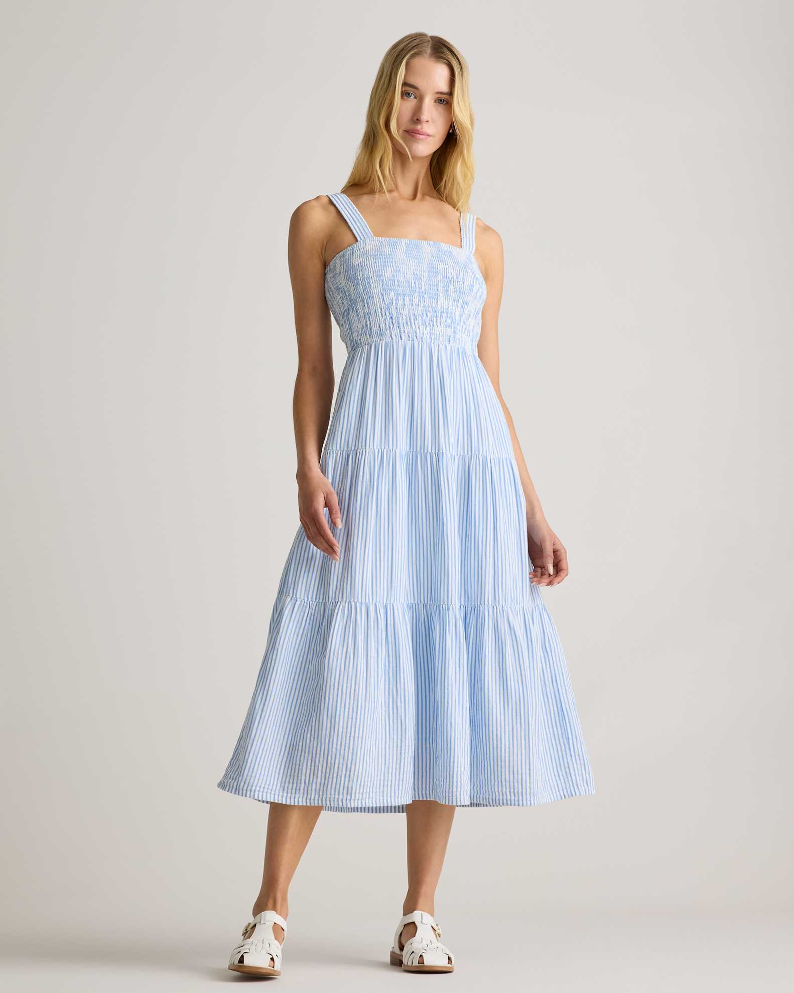Women's Gauze Smocked Sleeveless Maxi Dress in Bayside Stripe Blue/White, Size XS, Organic Cotton by Quince Women's Gauze Smocked Sleeveless Maxi Dress in Bayside Stripe Blue/White, Size XS, Organic Cotton by Quince