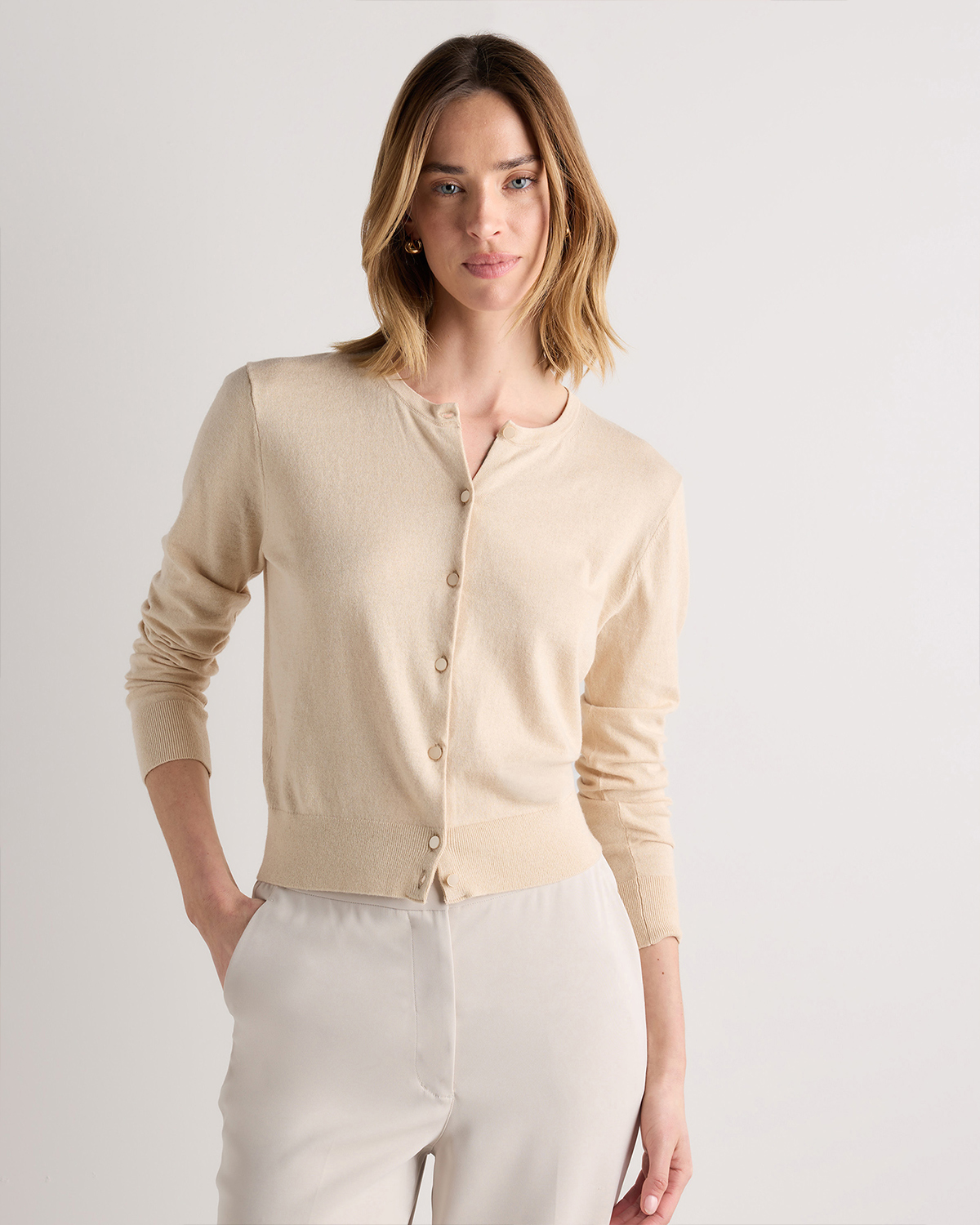 Heather Oatmeal Lightweight Cotton Cashmere Crew Cardigan