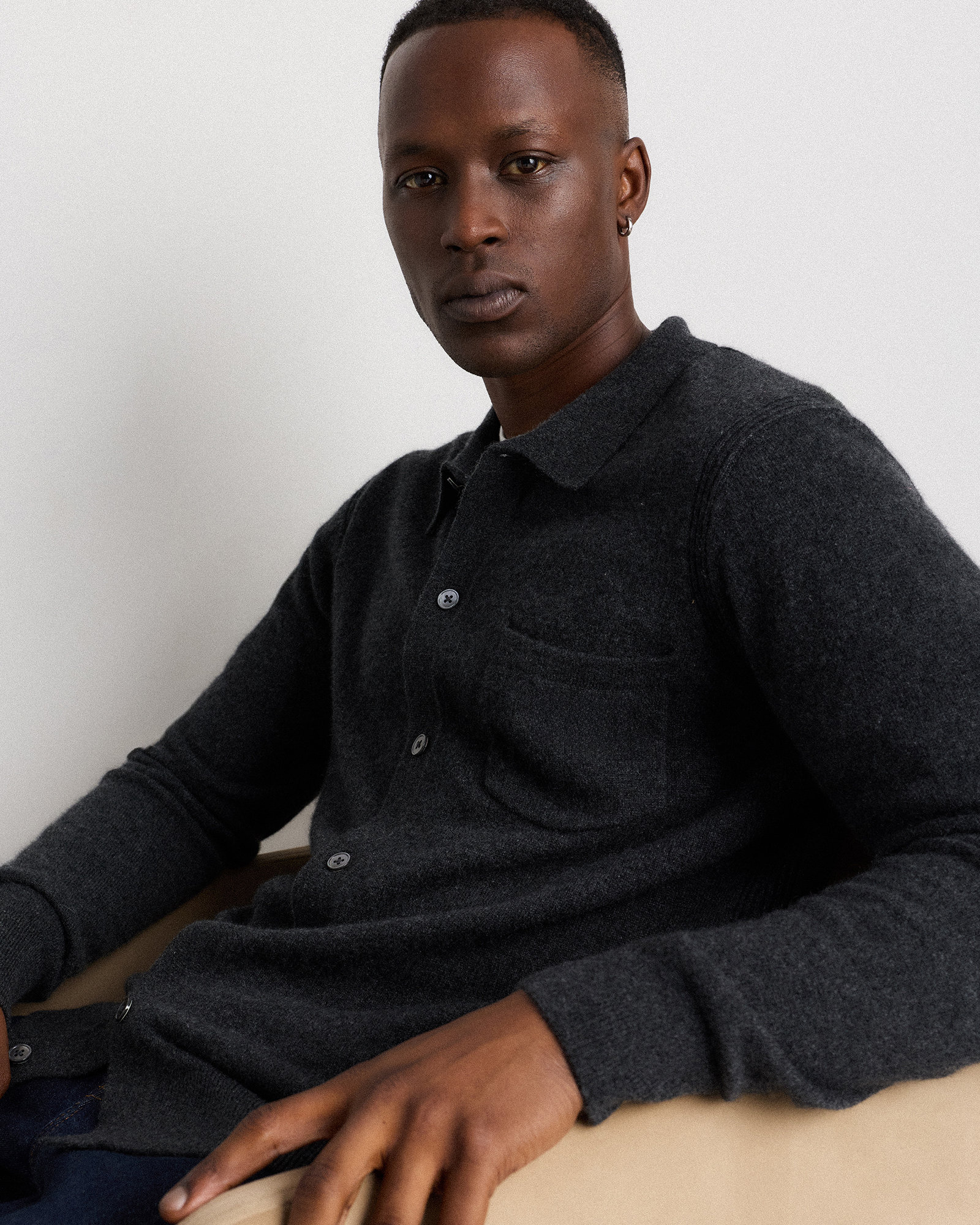 Mongolian Cashmere Button Down Sweater in Charcoal
