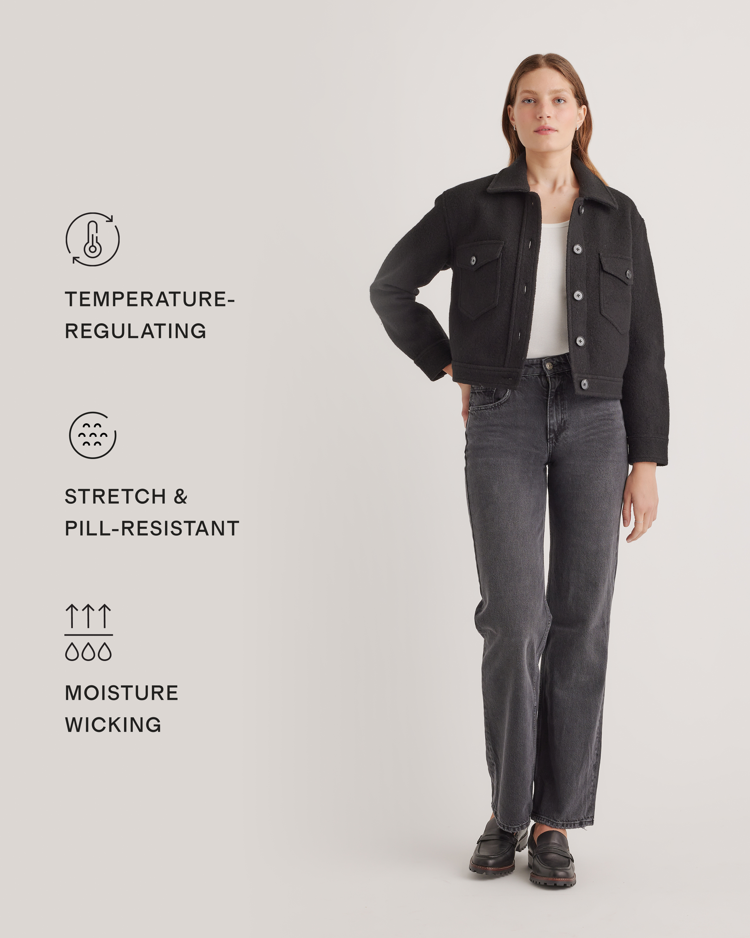 100% Merino Wool Cropped Shirt Jacket in Black