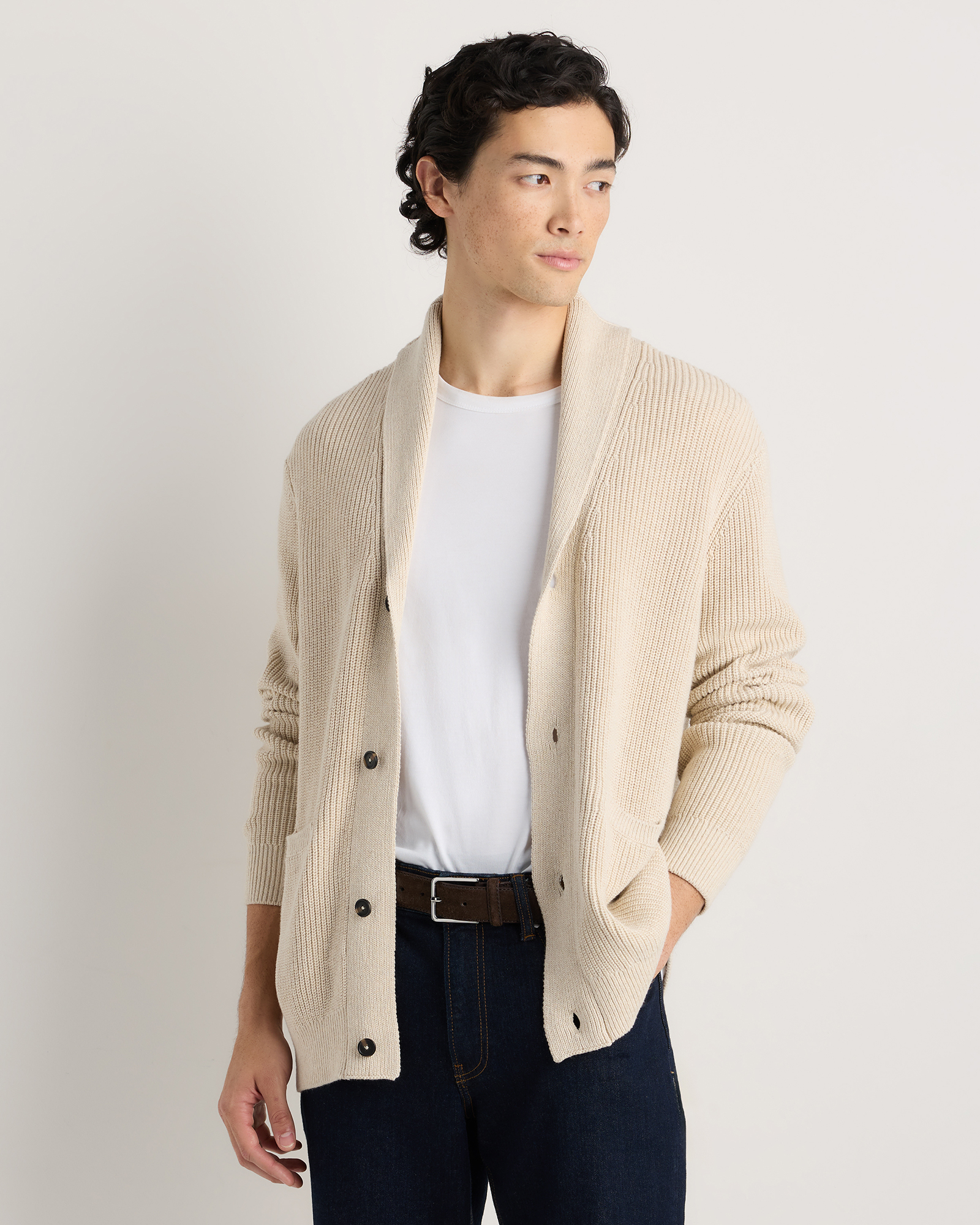 Speckled Beige 100% Organic Cotton Ribbed Shawl-Collar Cardigan Sweater