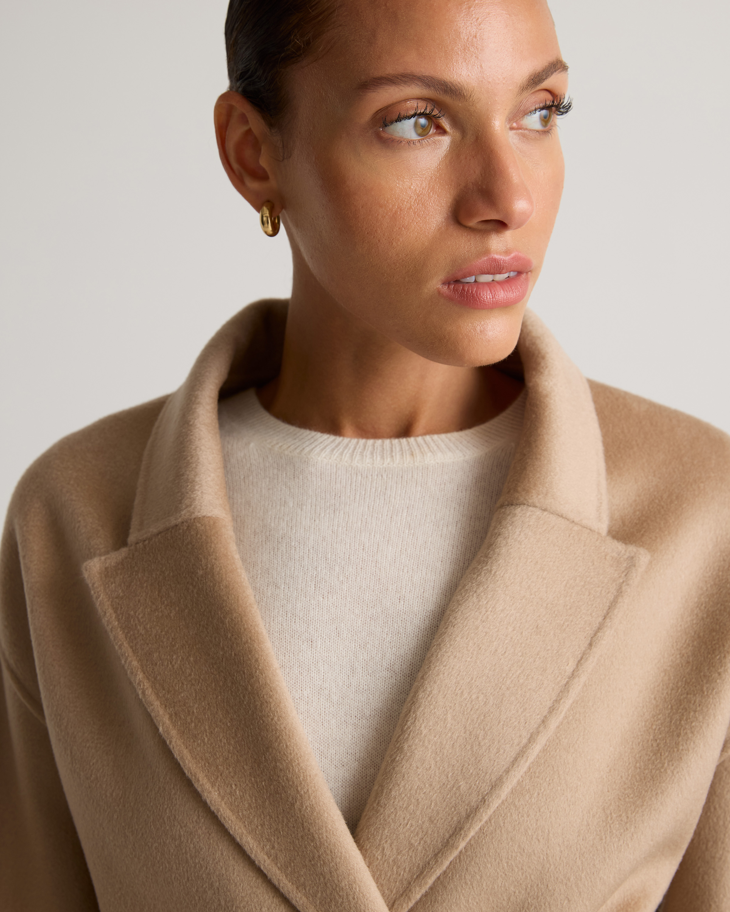 【OUNCE】 cashmere half handmade coat 100% Cashmere Vintage Swing Coat With Fur Collar Tan Begie