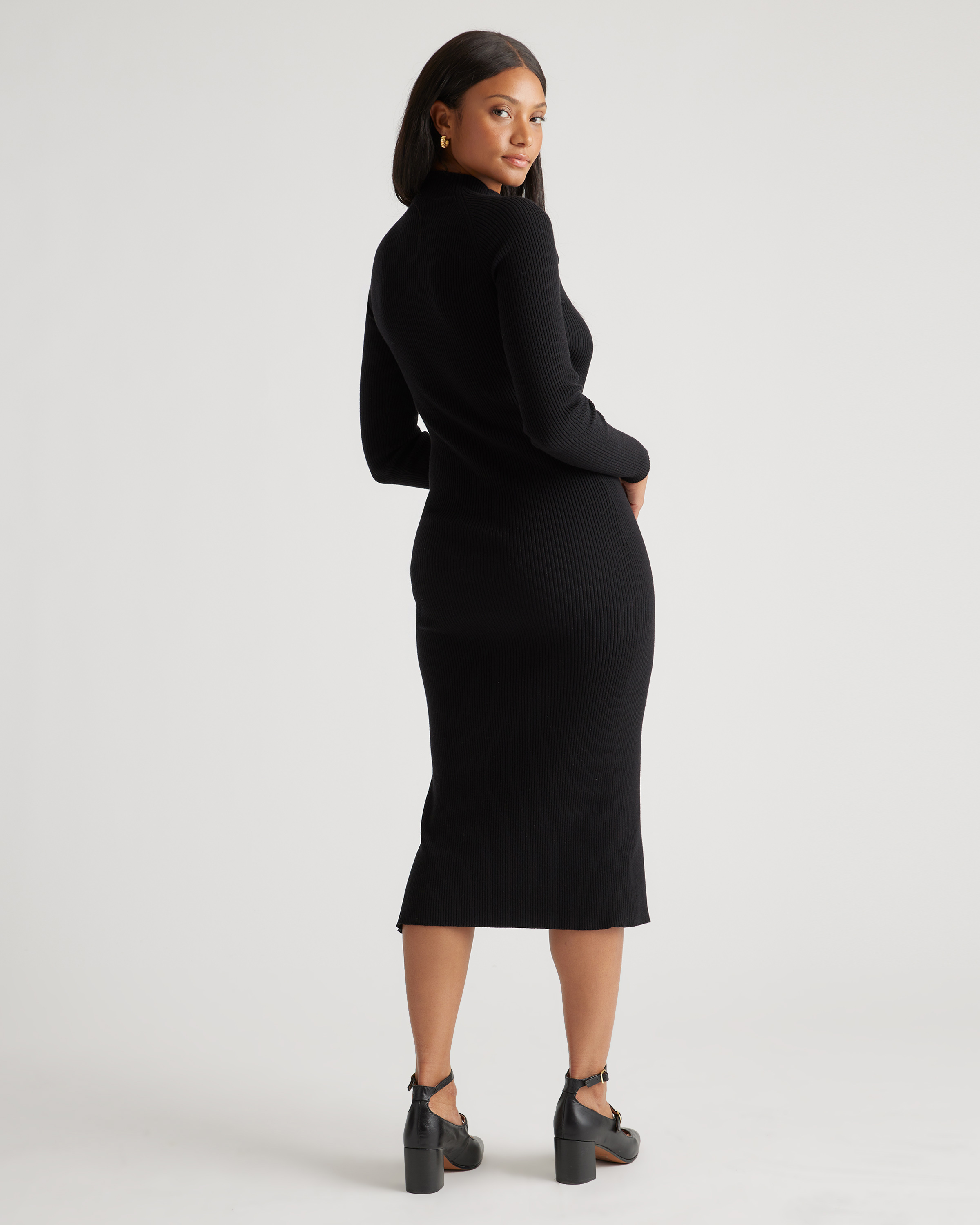 Eco-Knit Ribbed Mock Neck Sweater Dress in Black