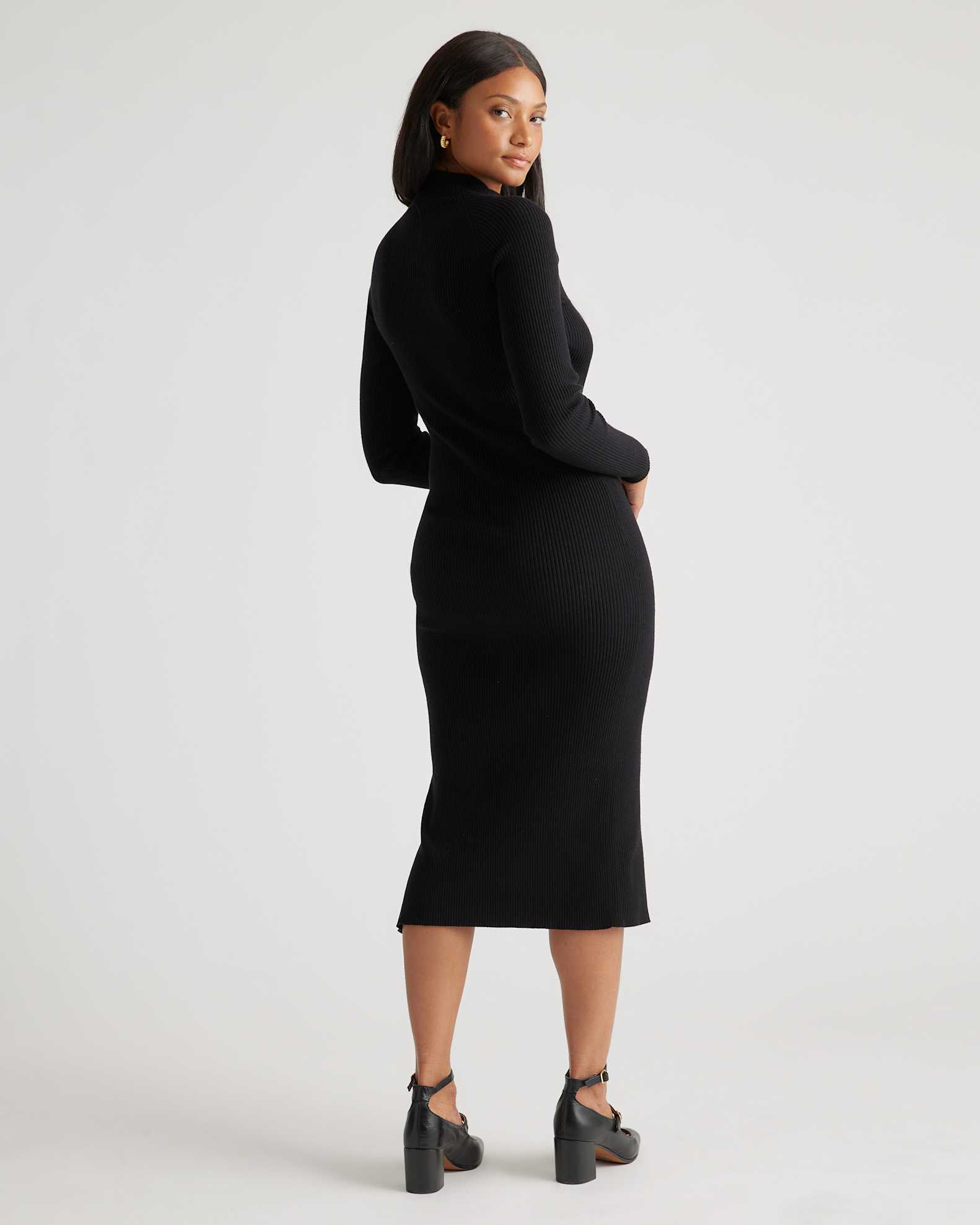 Eco-Knit Ribbed Mock Neck Sweater Dress in Black Eco-Knit Ribbed Mock Neck Sweater Dress in Black
