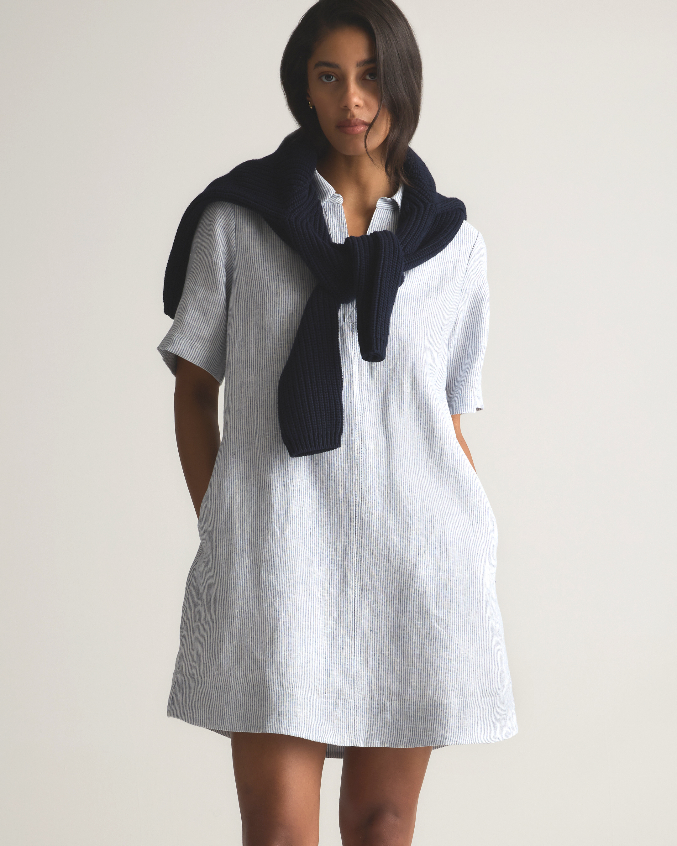 100% European Linen Popover Mini Dress in Blue Pinstripe