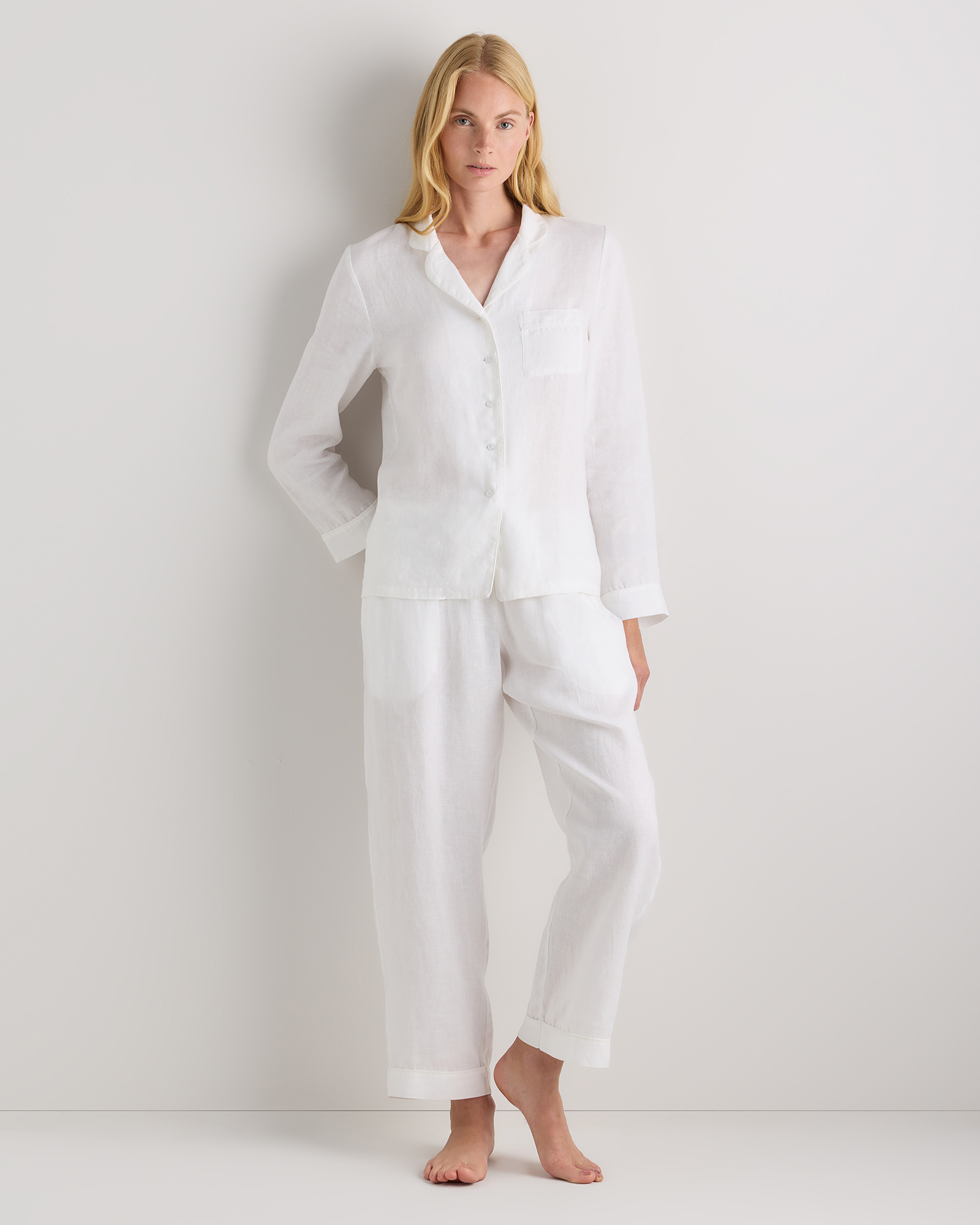 White 100% European Linen Long Sleeve Pajama Set with Piping