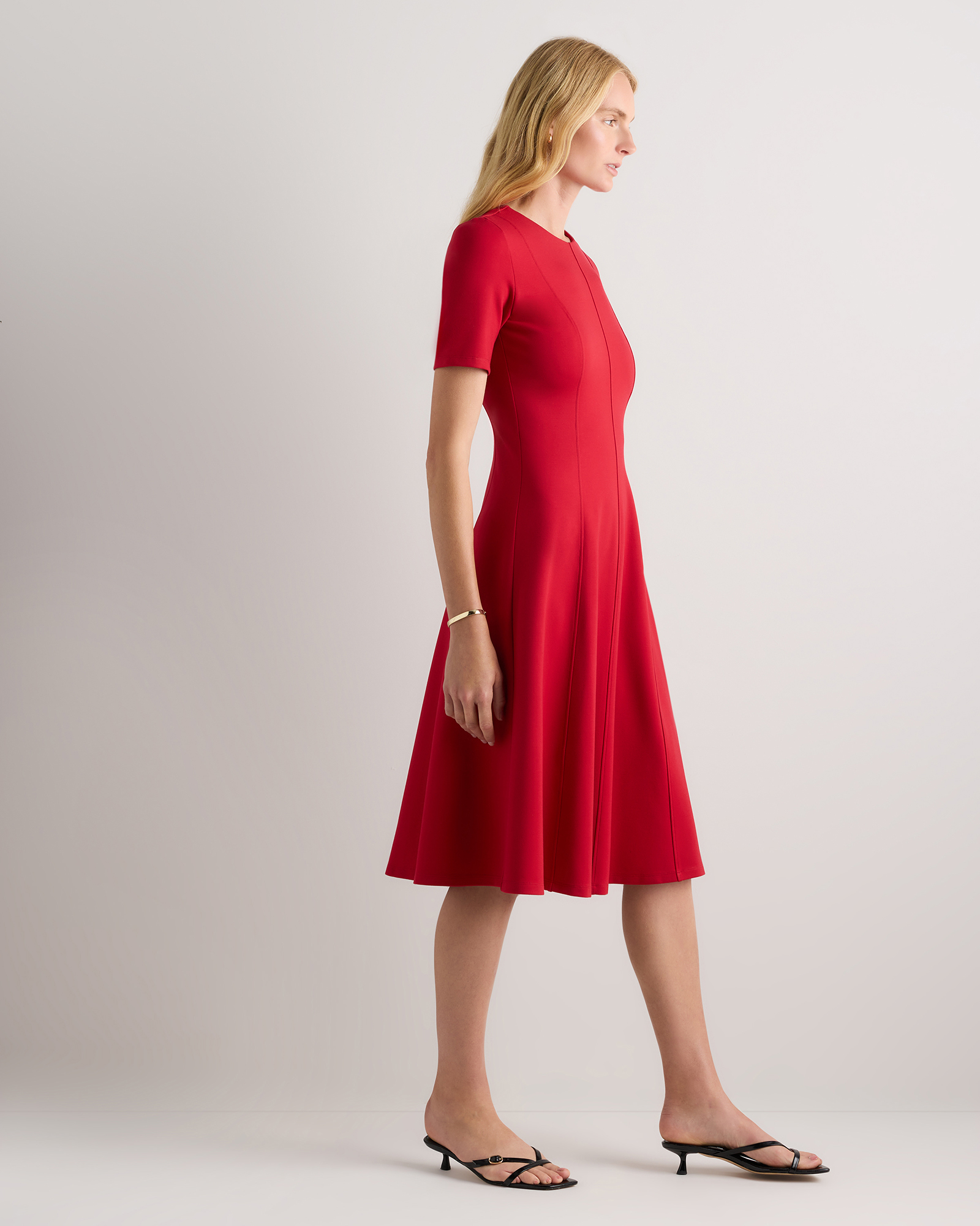 Ultra-Stretch Ponte Short Sleeve Midi Dress in Ruby Red