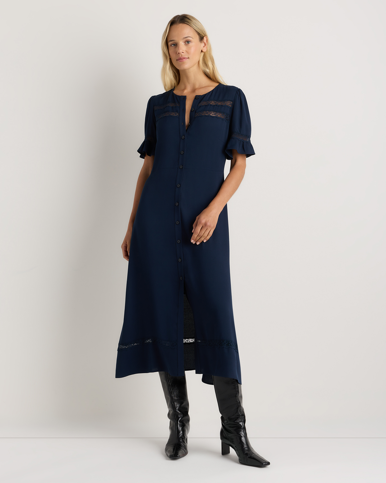 Quince Women's Lightweight Crepe Lace Inset Midi Dress In Blue