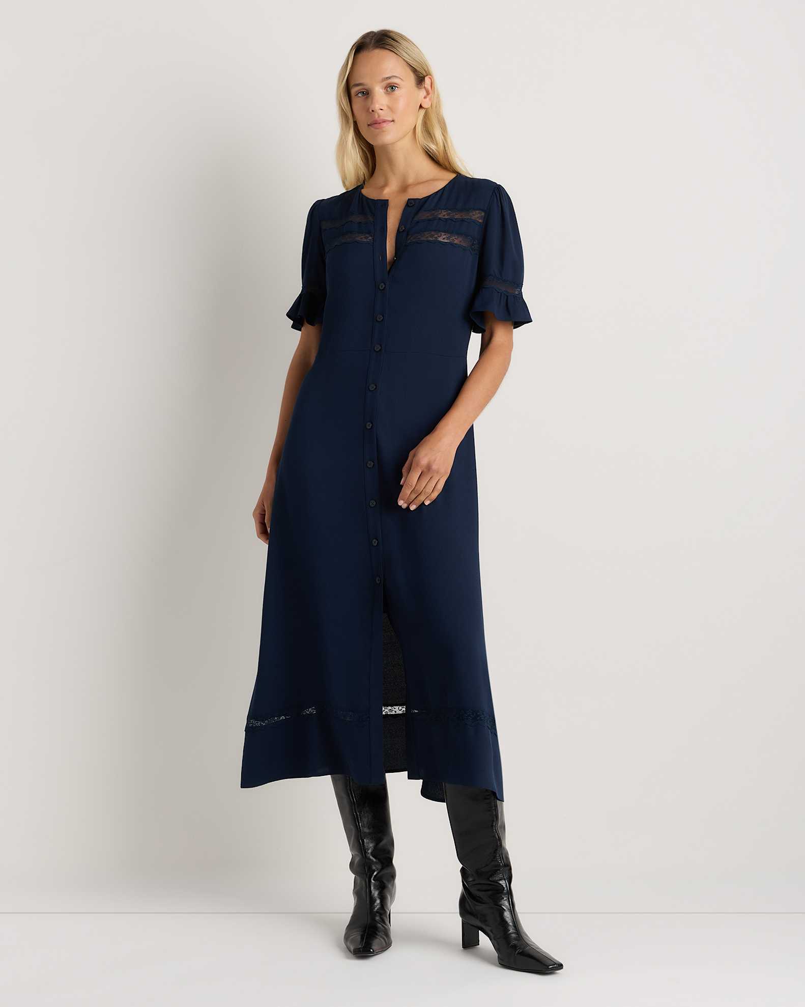 lace inset dress Women's Lightweight Crepe Lace Inset Midi Dress in Deep Navy, Size Large, Viscose by Quince