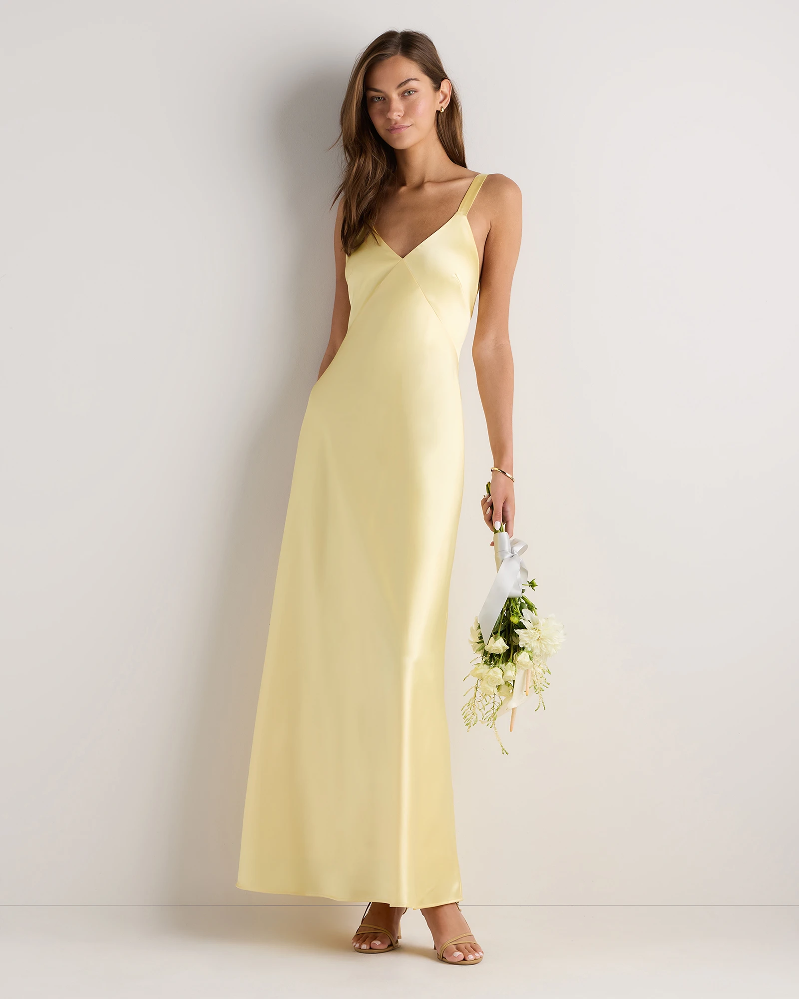 pastel yellow satin dress Anderson Maxi Dress, in Pale Luxe Satin, Size: XL | Show Me Your Mumu Style with strappy heels and dainty gold jewelry for your next event. Yellow Dress Gold Cowl Neck
