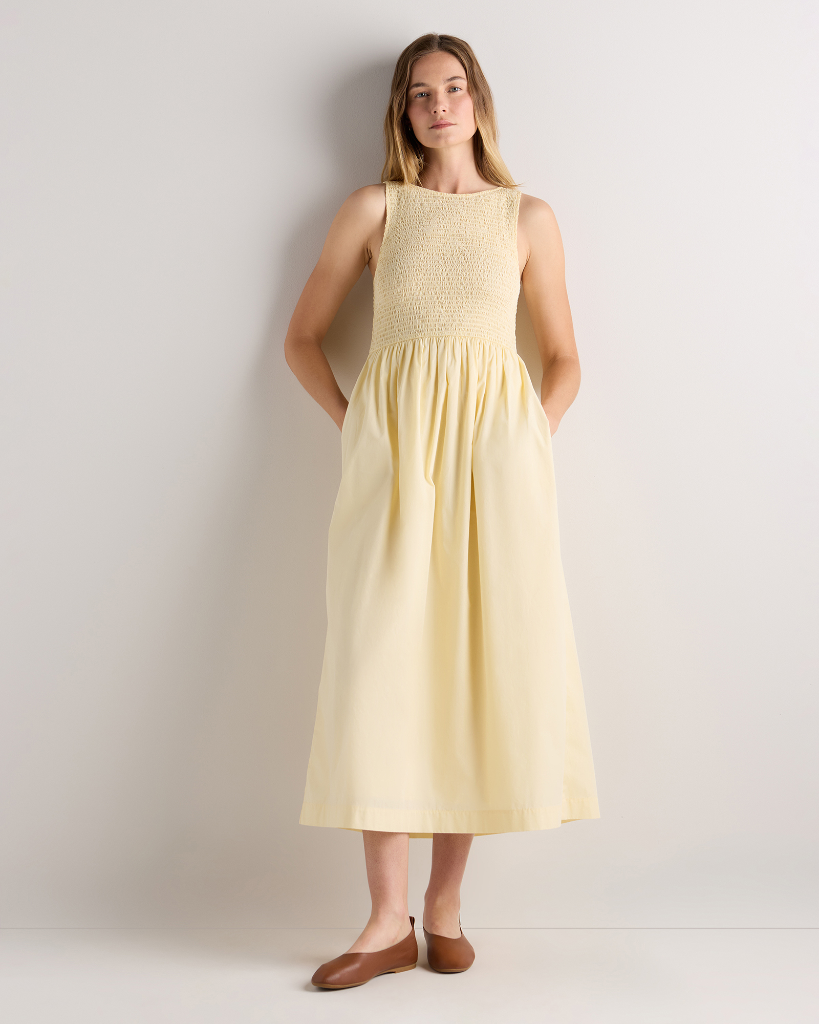 Pale Custard Yellow 100% Organic Cotton Poplin Boat Neck Maxi Dress