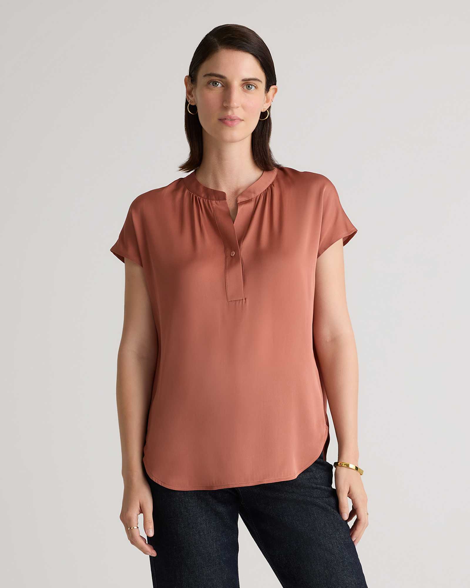 Flowy Dolman Sleeve Blouse w/ Self-Covering Buttons - Rosesilk