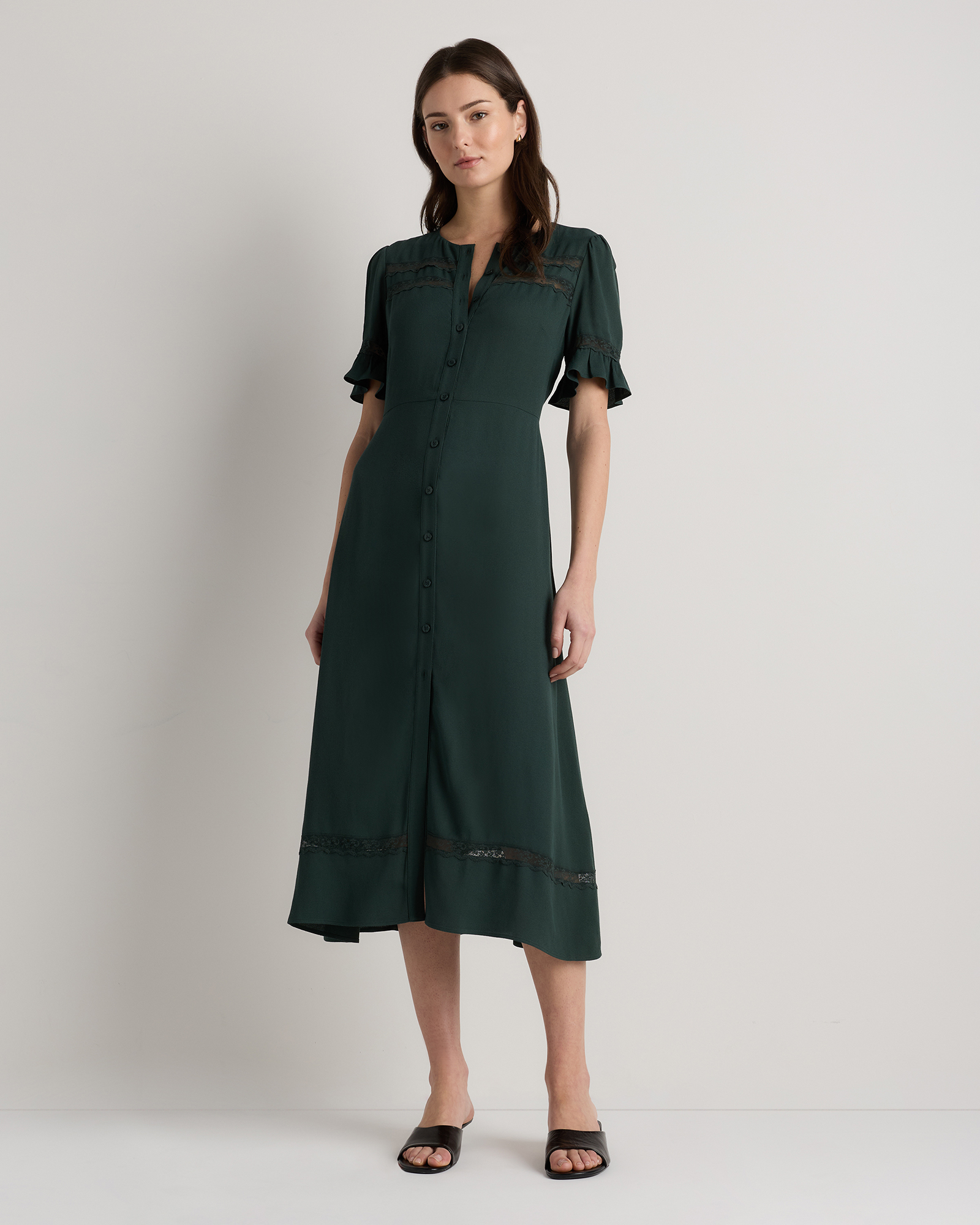 Quince Women's Lightweight Crepe Lace Inset Midi Dress In Green