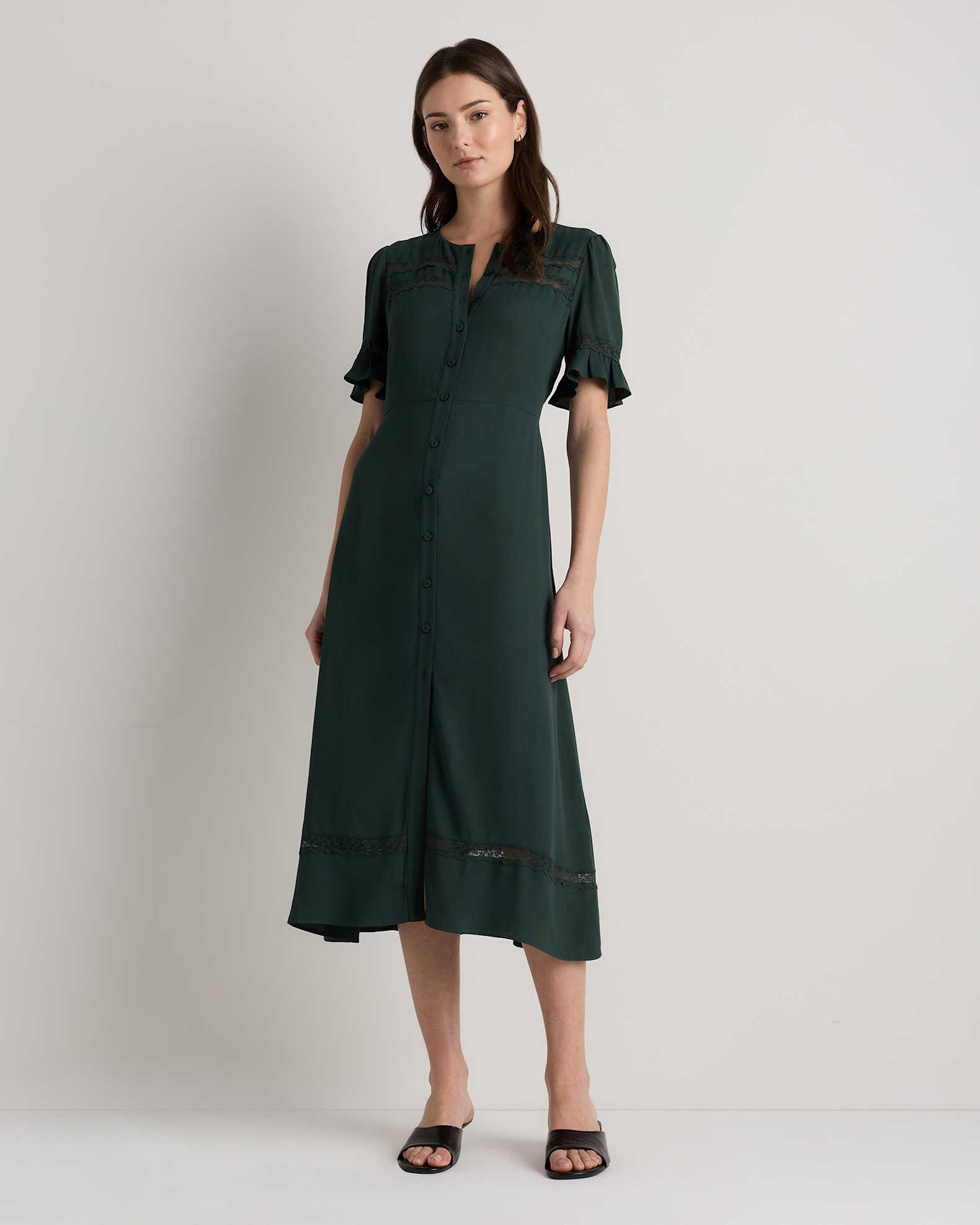 Women's Lightweight Crepe Lace Inset Midi Dress in Forest Green, Size Small, Viscose by Quince Women's Lightweight Crepe Lace Inset Midi Dress in Forest Green, Size Small, Viscose by Quince